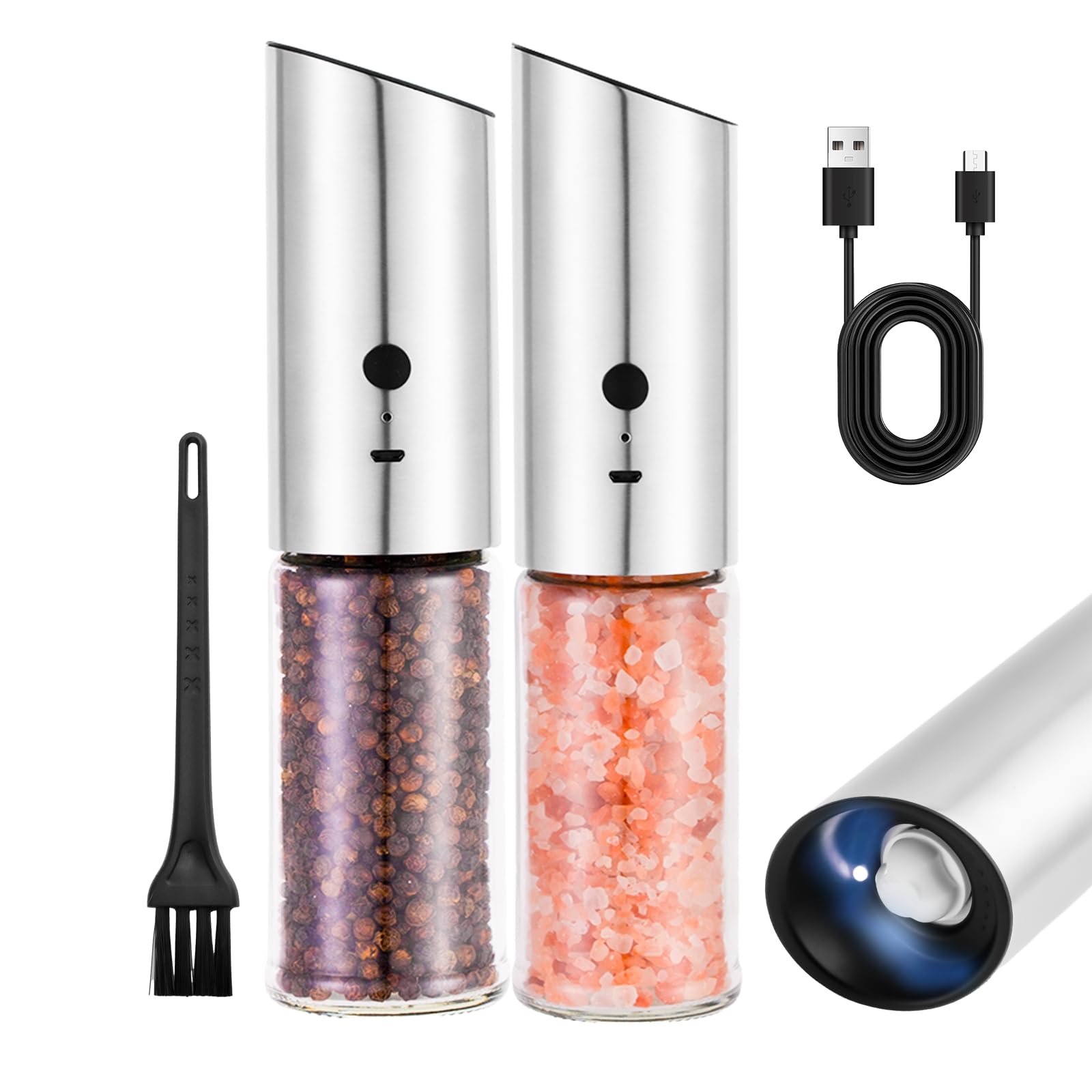 Electric Gravity Salt and Pepper Grinder Set, Pepper Mill Automatic Pepper Grinder with Stainless Steels, USB Rechargeable, One-Handed Operation, Adjustable Coarseness, LED Light(Double)