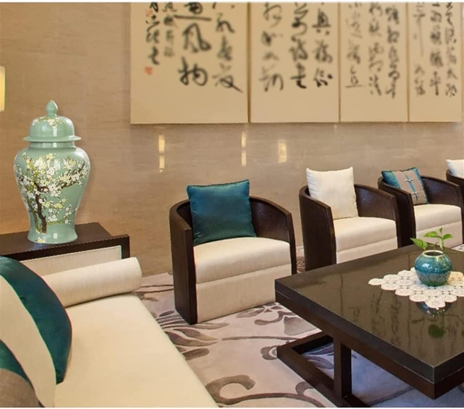 Ceramiczny zielony wazon na imbir w kształcie kwiatu śliwki do dekoracji domu, ceramiczny wazon na imbir w stylu chinoiserie z pokrywką (zielony mały)