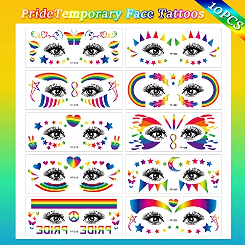 10 Sheets Rainbow Temporary Tattoos Pride Day Rainbow Face Eyes Tattoos Decoration Gay Lgbt Butterfly Lips Star Removable Waterproof Body Tattoos Stickers For Pride Parade Party Supplies #TOP1