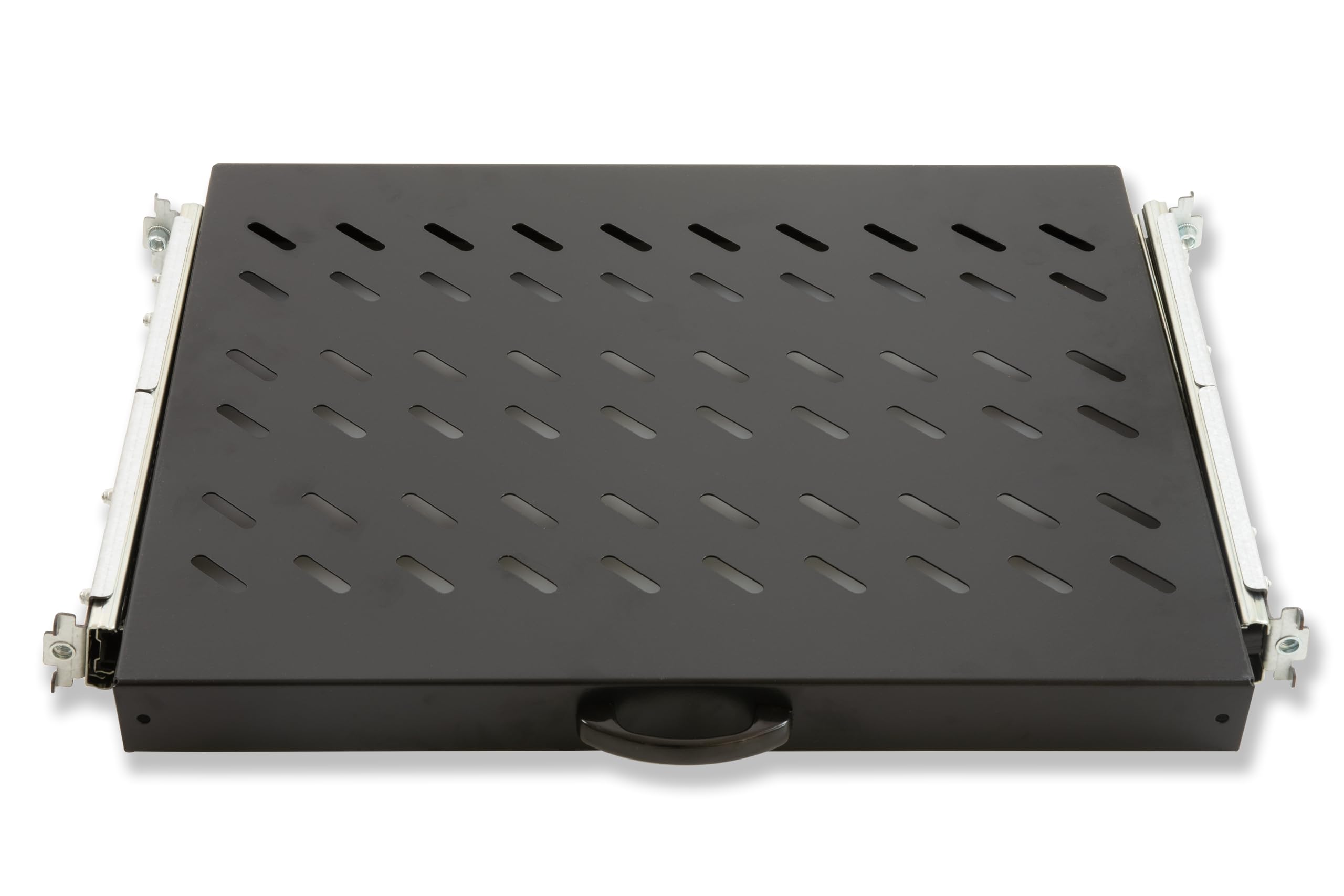 LINK LKRIP370EN - Mensola estraibile universale per armadio rack (48,5x36,5x4 cm, nero RAL9005) – Binari telescopici in acciaio verniciato – Portata 30 kg e distanza regolabile tra montanti
