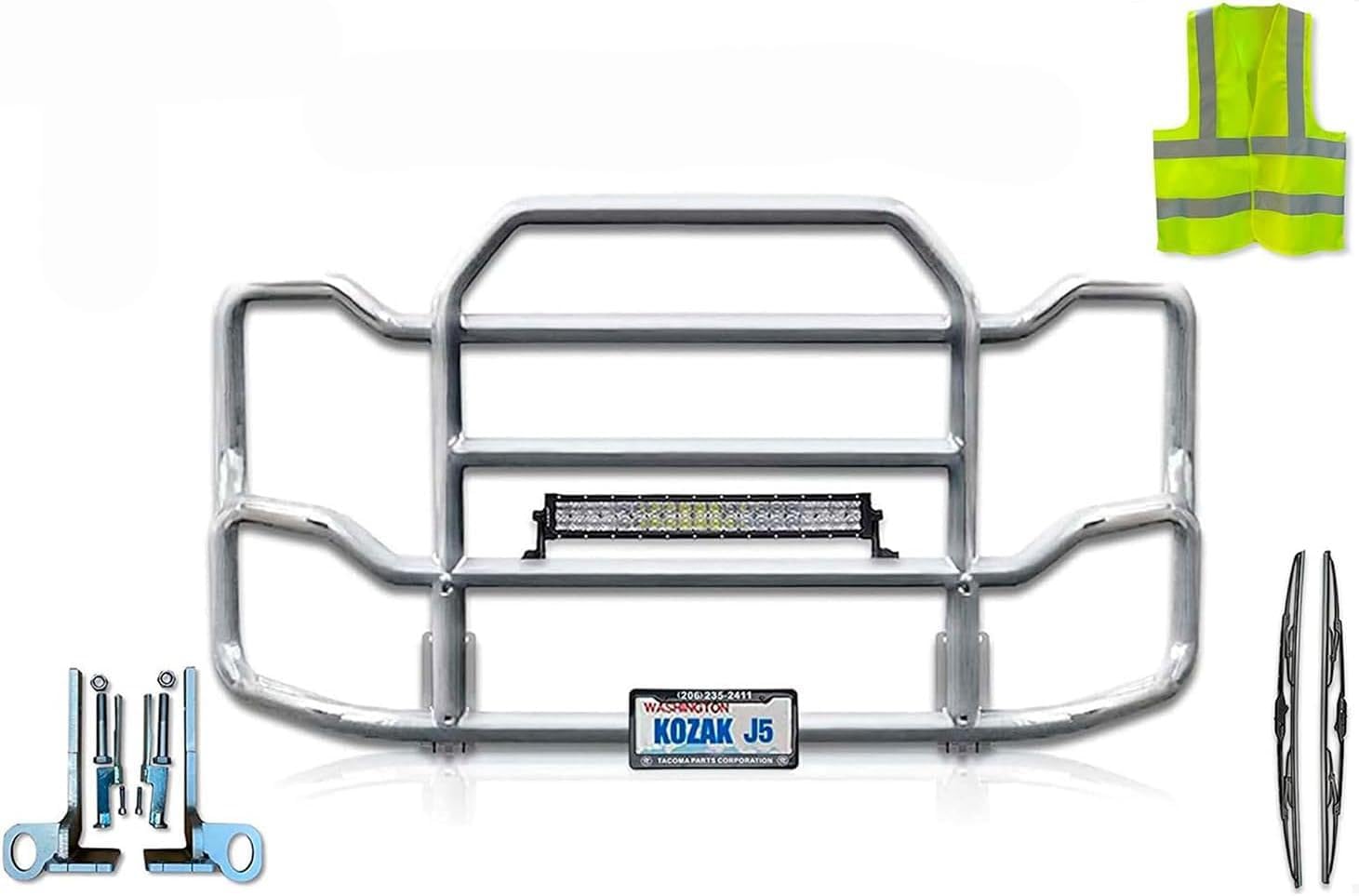 Front Grille Deer Moose Brush Bumper Guard Large Compatible with Kenworth T680 2012-2021 PLUS Bracket, Logo, 22" LED Light Bar, Wipers, License Plate Holder and Frame, Vest