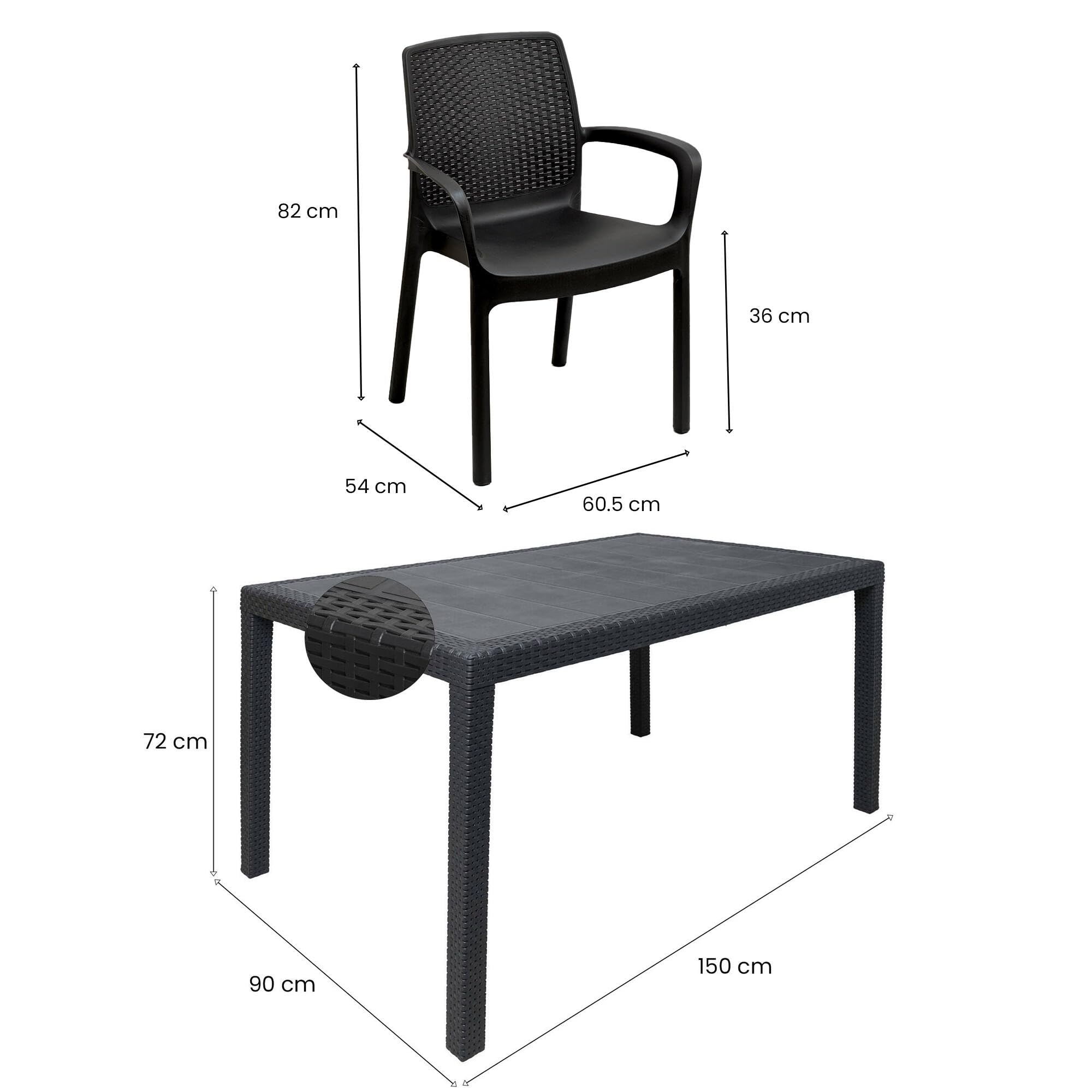 Dmora - Set Salotto da Esterno Tarquinia, Salottino Outdoor e Indoor, Tavolo Rettangolare Fisso con 4 sedie impilabili, Made in Italy, Antracite