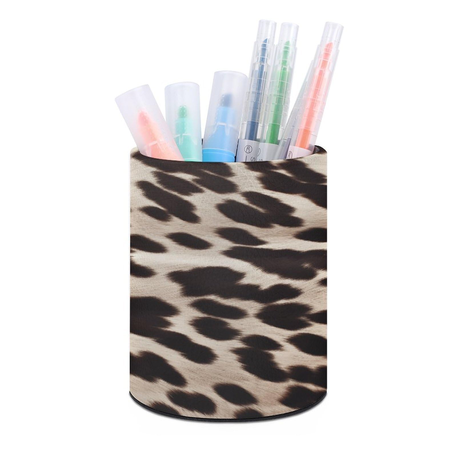 VstaDank Brown Cowhide Pen Holder for Desk Makeup Brush Holders Stylish Pen Cup Cute Pencil Cup Round Pencil Holder Decor Brush Scissor Holders for Multifunctional Office Supplies