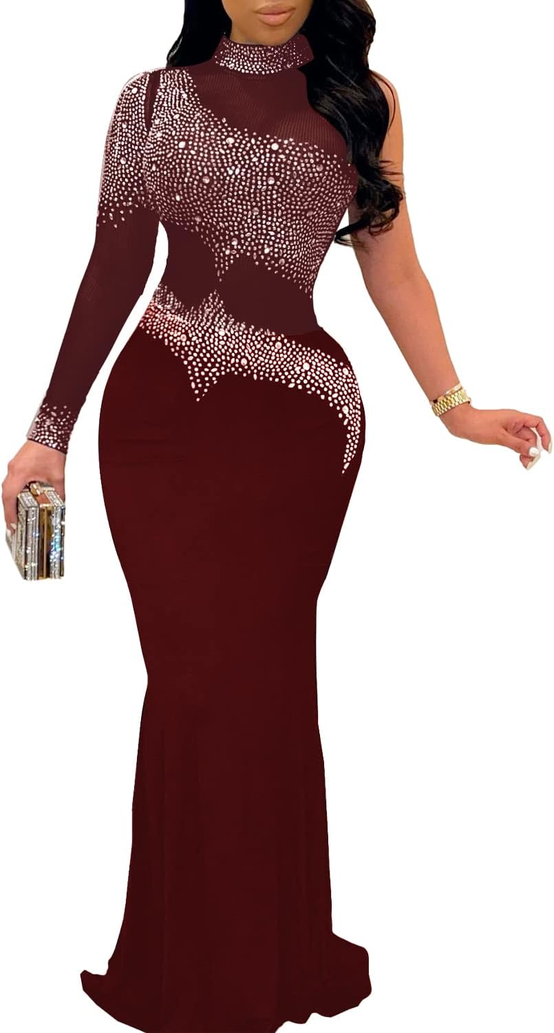 PORRCEY Women Sexy Elegant Rhinestone Mesh See Through Evening Dresses Party Club Night Clubwear