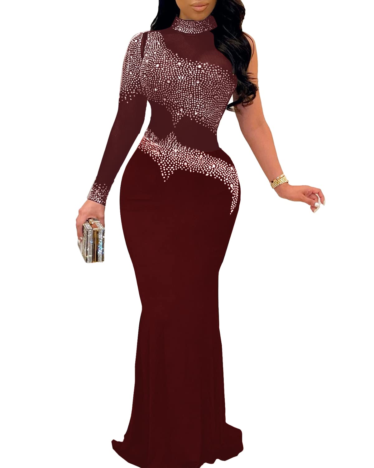 PORRCEY Women Sexy Elegant Rhinestone Mesh See Through Evening Dresses Party Club Night Clubwear