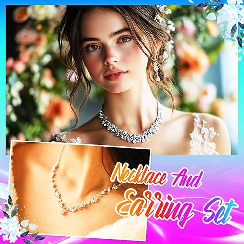 Vista 3 de Yean Juego de collar y aretes de novia de plata para novia, juego de joyas de boda de cristal, gargantilla de diamantes de imitación para mujeres