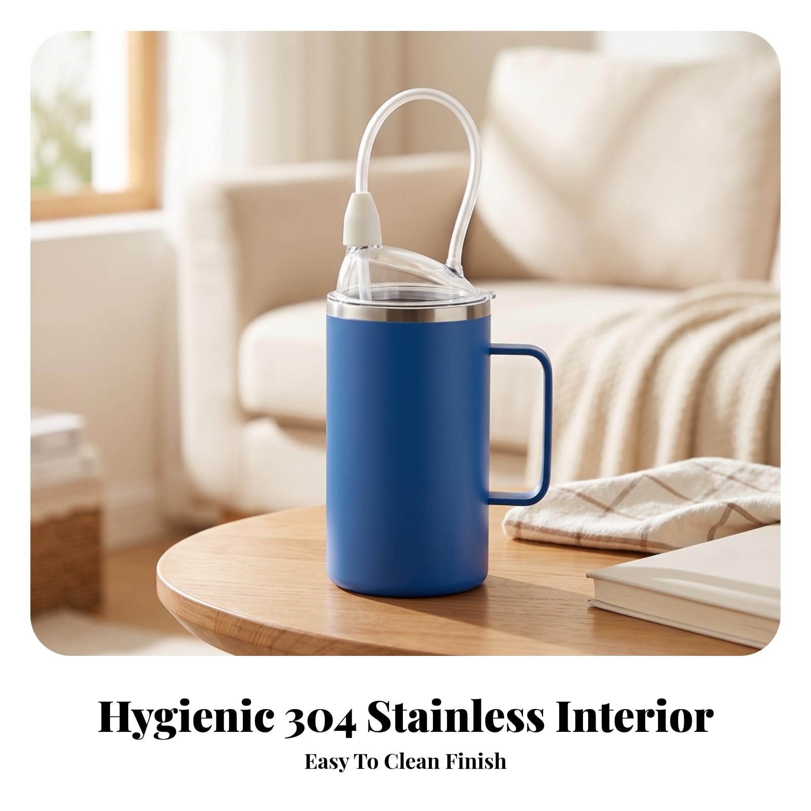 Senioren Trinkflasche Pflegebecher Isolierbecher Trinkhilfe Pflegebecher mit Deckel aus Edelstahl Doppelwandig für Warmhaltefunktion mit Transparentem, Edelsteinblau, 650ml