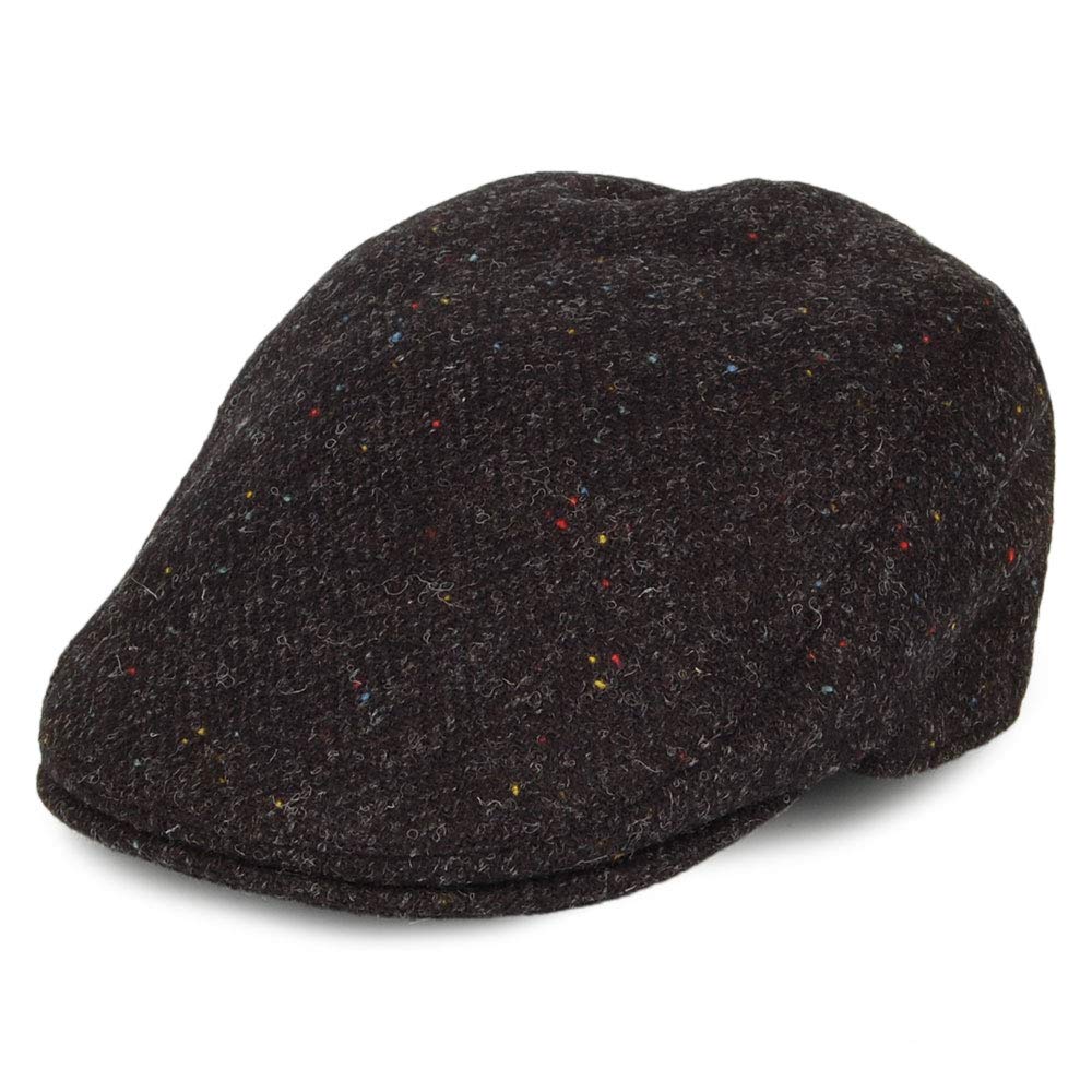 Failsworth Men's Charcoal Hats Harris Tweed Herringbone Oban Flat Cap With Earflaps - 6 3/4