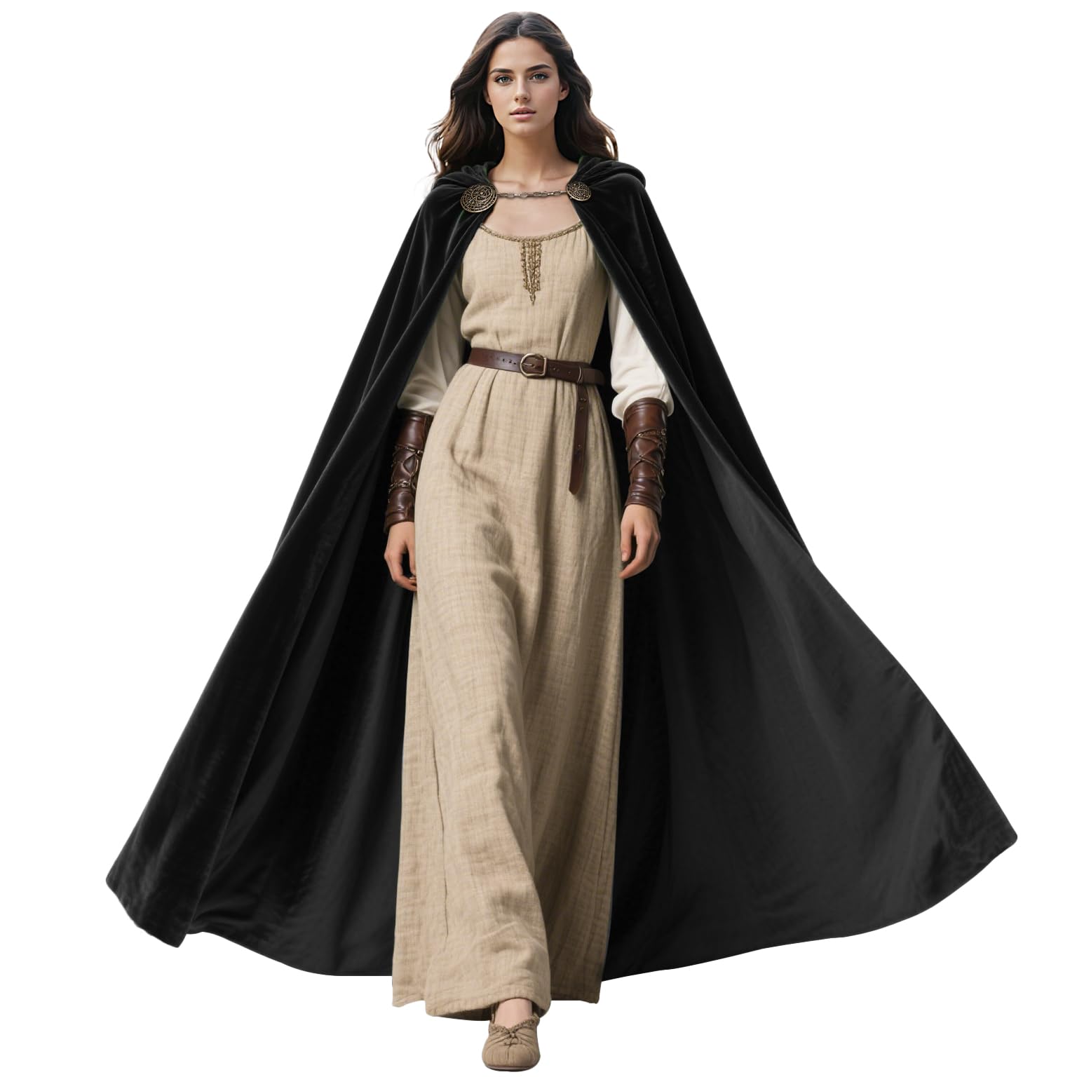 keland Mantello Medievale con Cappuccio per Donna Uomo Halloween Cosplay con Spille Vichinghe (Nero)