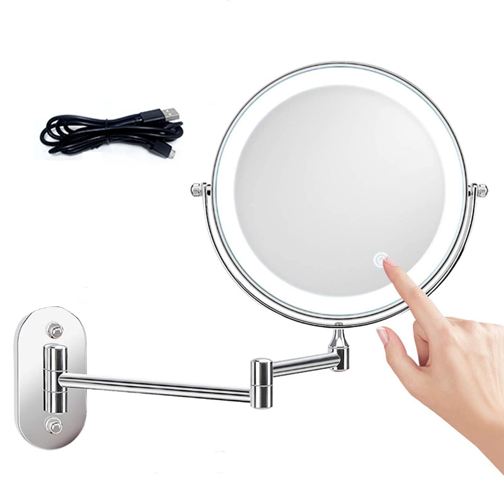 Espejo De Maquillaje Montado En La Pared con Luz,USB Recargable Espejo de Tocador de Pared con LED,Espejo de Aumento 360 Giratorio, Perfecto como Regalo para Mujeres y Niñas,3X Magnifying