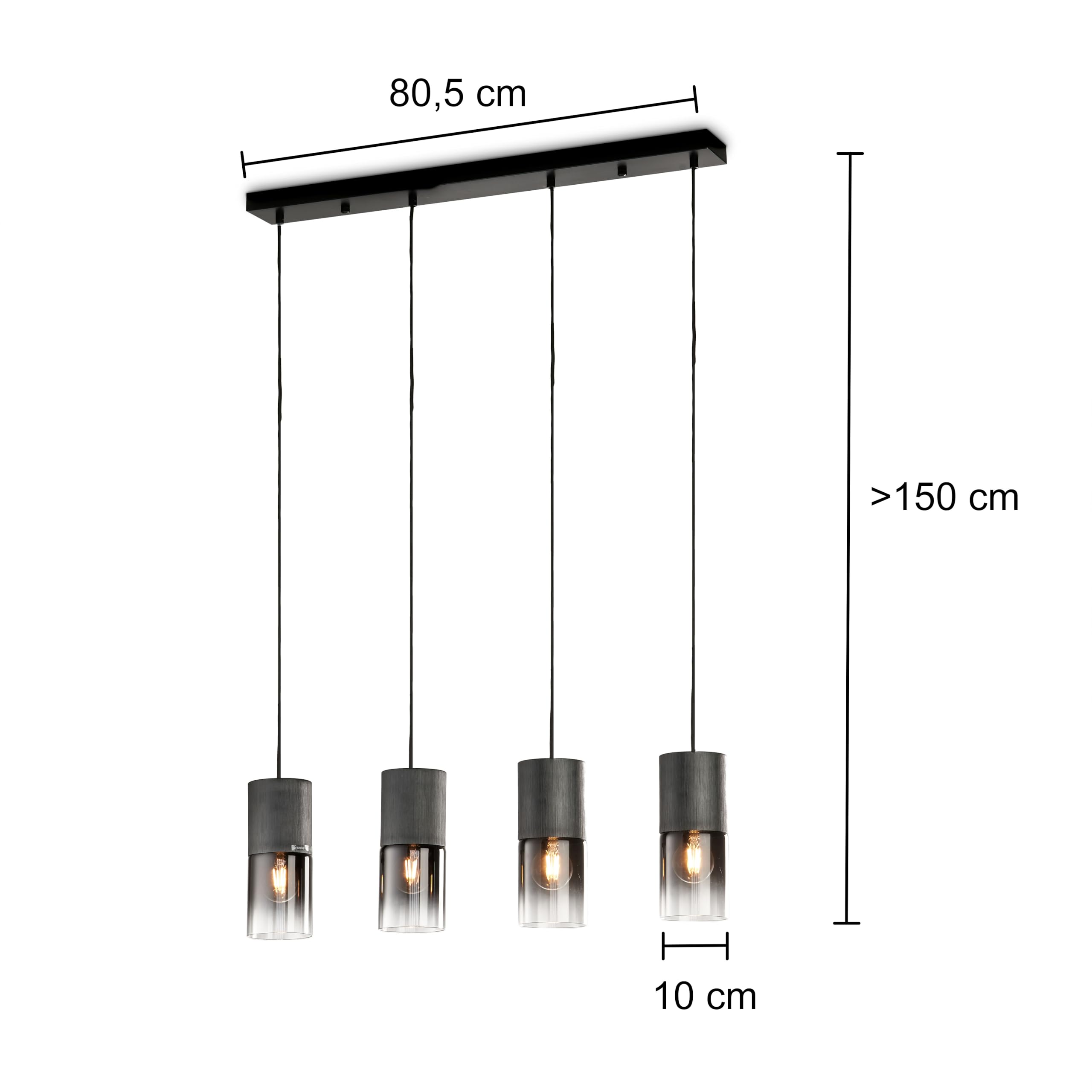 Trio Leuchten Pendelleuchte Robin 310600432, Metall Schwarz matt, Glas rauchfarbig, exkl. 4x E27, Schwarz Matt/Rauchfarbig