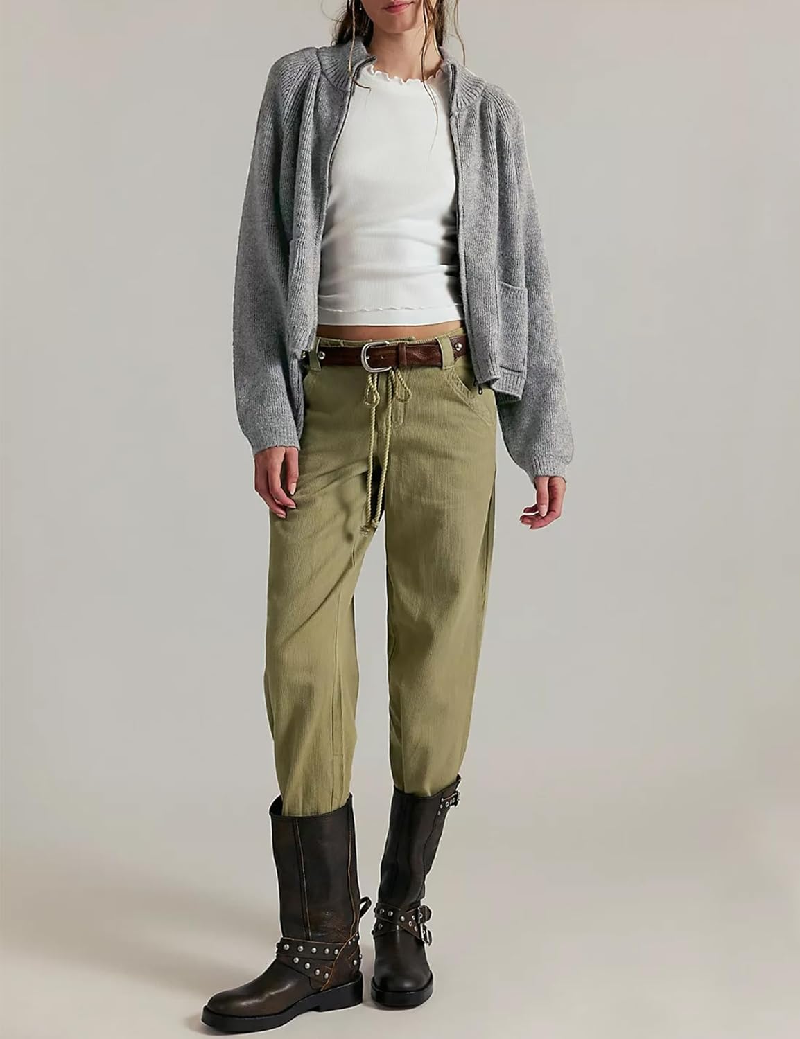 Yimoon Zip Up Cardigan for Women Chunky Knit Cropped Cardigans Long Sleeve Mock Neck Ribbed Sweater with Pockets - Image 5