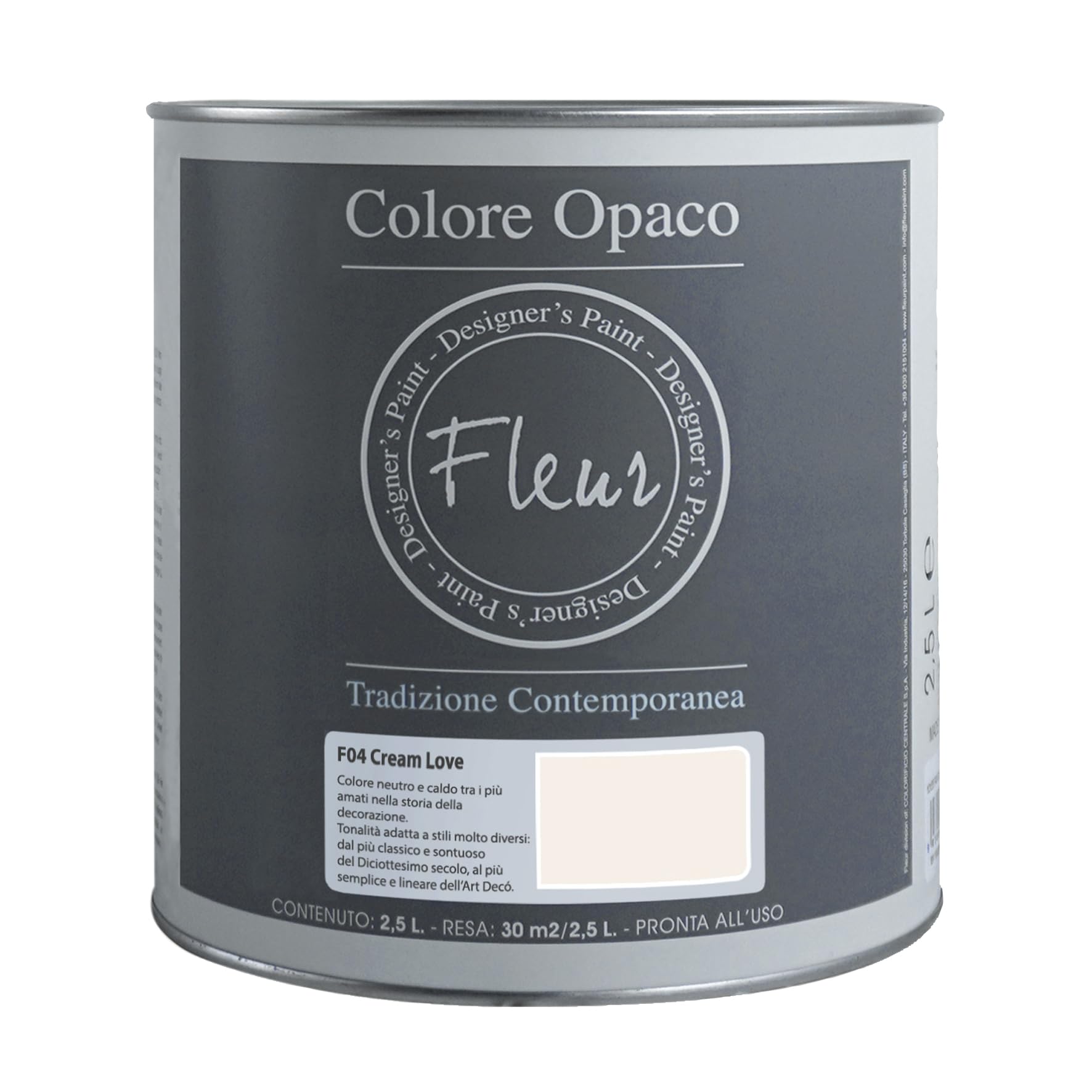 FLEUR DESIGNER'S PAINT | Pittura Chalk Paint Opaca, 2,5 L, Senza Carteggiare, Multisuperficie, Colore F04 Cream Love, Effetto Gesso, Per Pareti e Mobili, Extra Opaco, Ad Acqua, Made in Italy