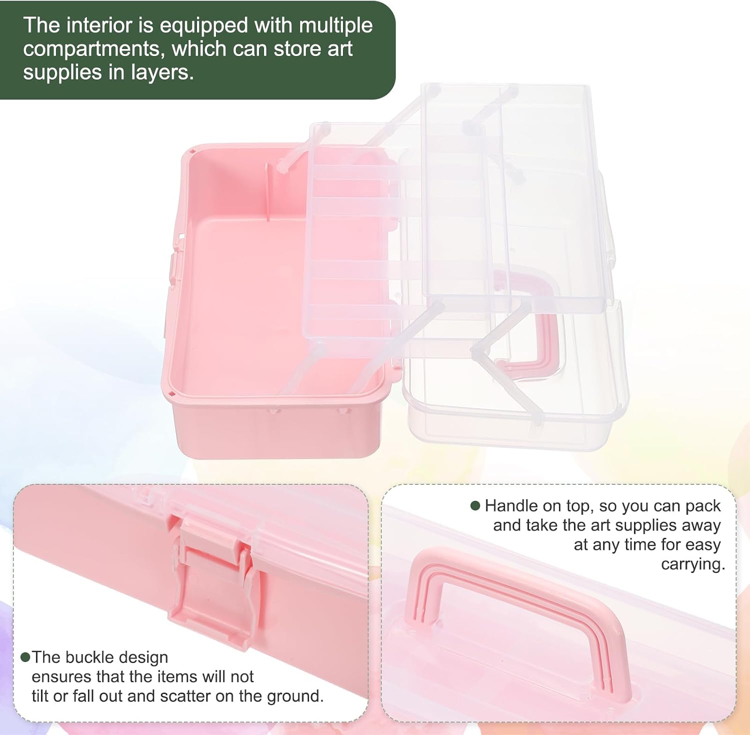 YOKIVE Art Supply Storage Organizer, Art Tool Storage Box 3-Tray Craft Box Art Supplies Organizer with Handle Buckle for Brushes Paints Stamps, Light Pink