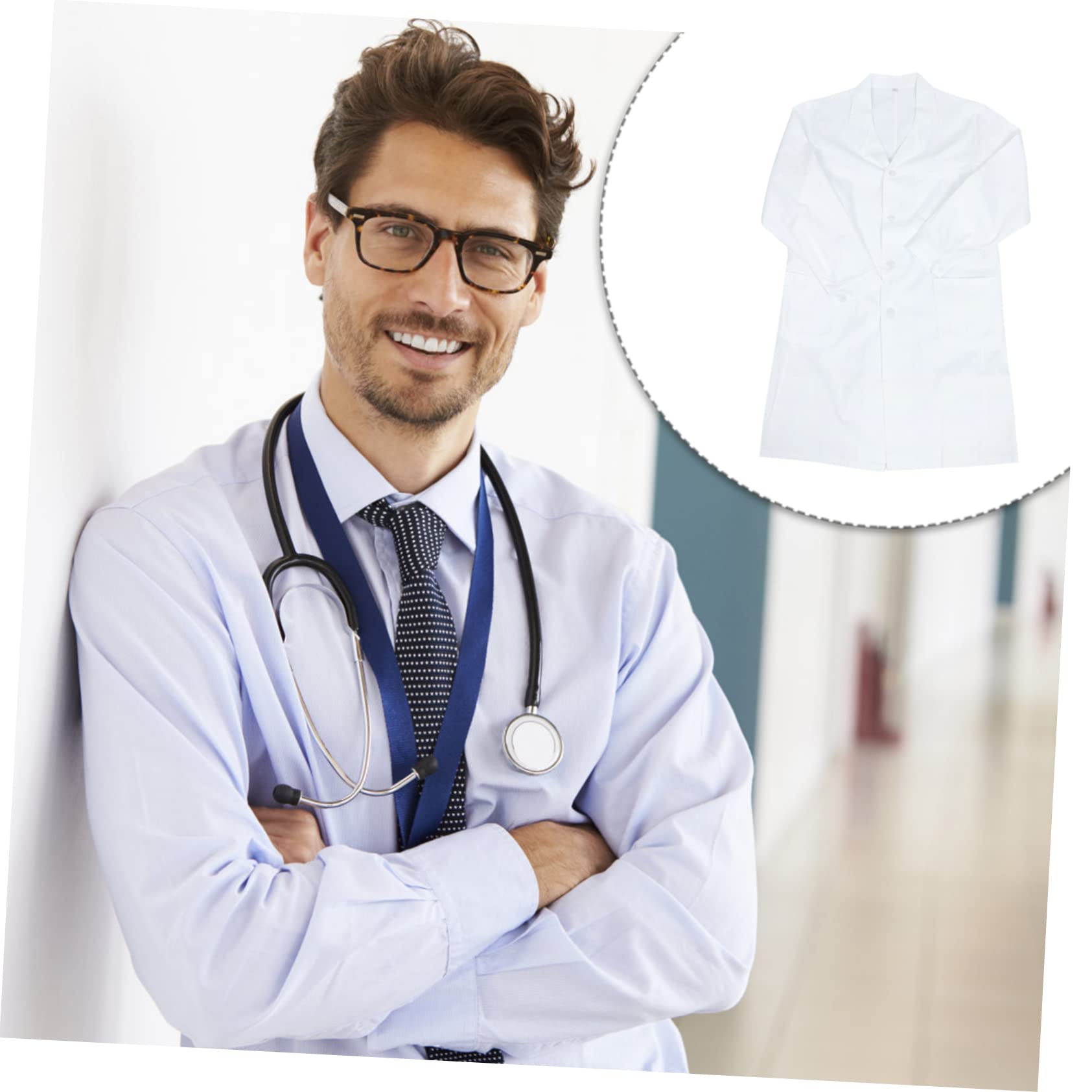 Bata Médica de Algodón Transpirable, Manga Larga con Botones y Bolsillos, Adecuada para Laboratorio y Hospital