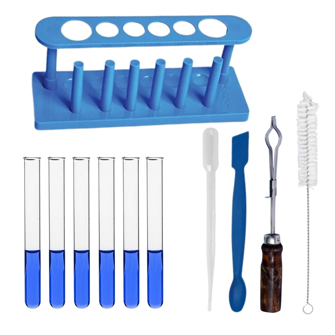 11 Items Chemistry Lab Kit with 6 Borosilicate Glass Test Tubes (15x125 mm) Test Tube Stand, Holder, Cleaning Brush, Dropper and a Spatula for School Students DIY Science Experiments