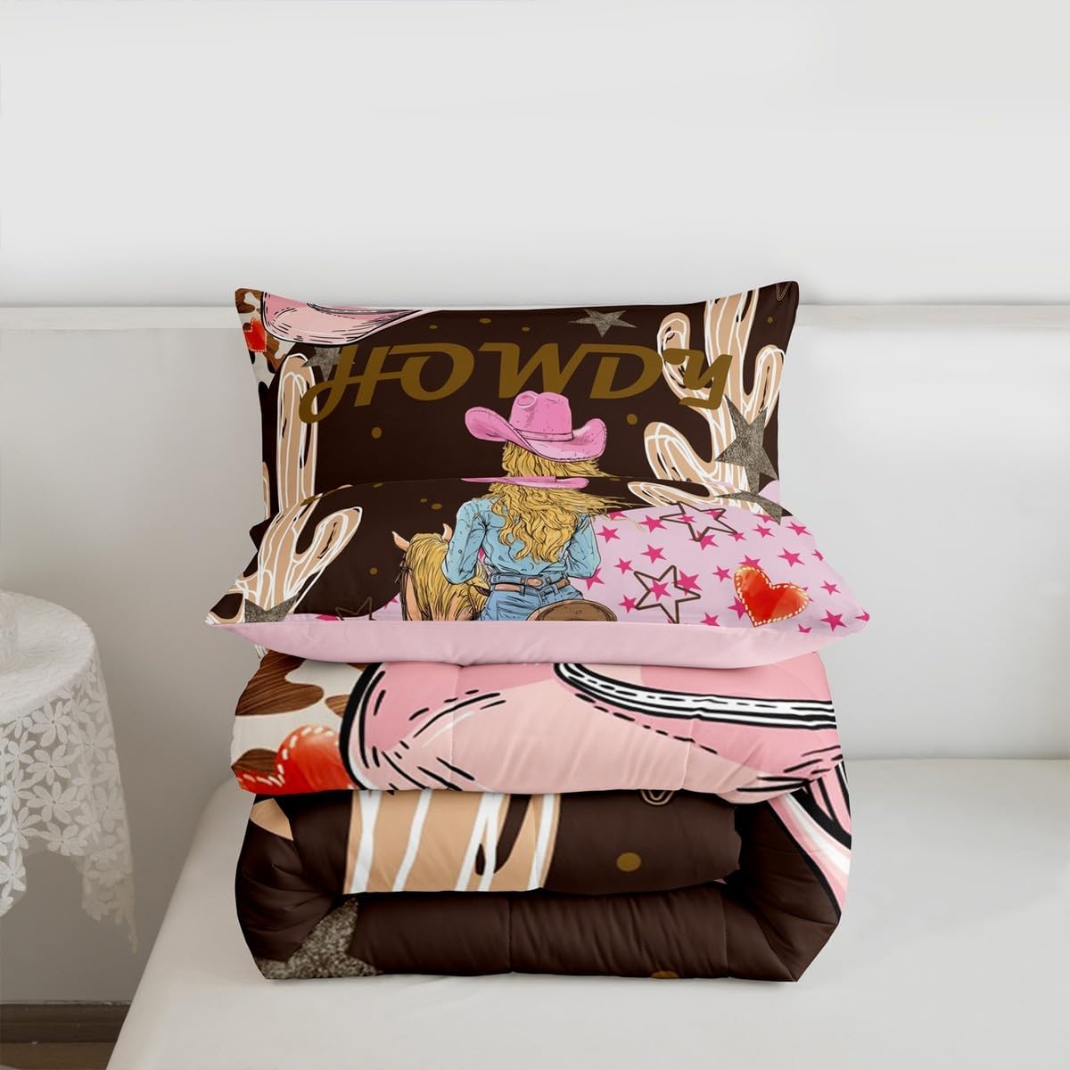 Erosebridal Western Queen Comforter Set,Cowboy Cowgirl Hat Howdy Bedding Set for Girls Women Room Decor,Wild West Horse Quilt Set Boho Cactus Exotic Bedding Comforter Sets,2 Pillowcases