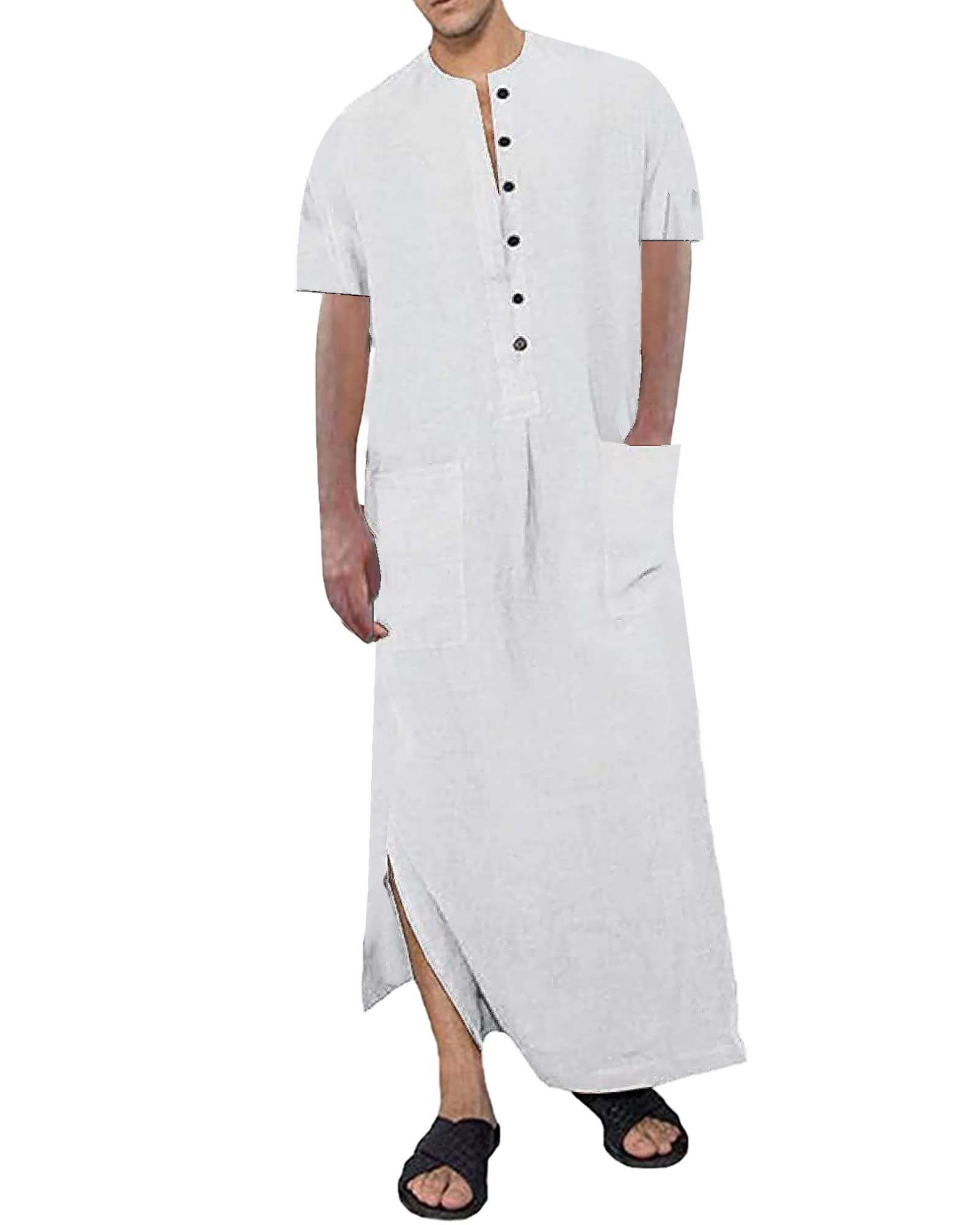 YAOHUOLEMen's Short Sleeve Robe Side Split Kaftan Thobe with Pockets Long Gown Button Up Casual Shirt