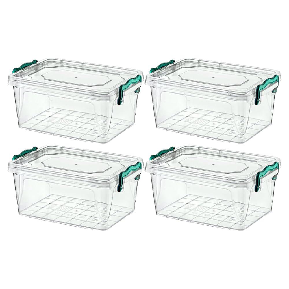 4 Pcs x 5 Liter Plastic Storage Box with Lid Clip Multipurpose Clear Rectangle Container Transparent Heavy Duty Stackable Box Ideal for Home, Office, Kitchen, Food, Toys, Closet, Animal Feed