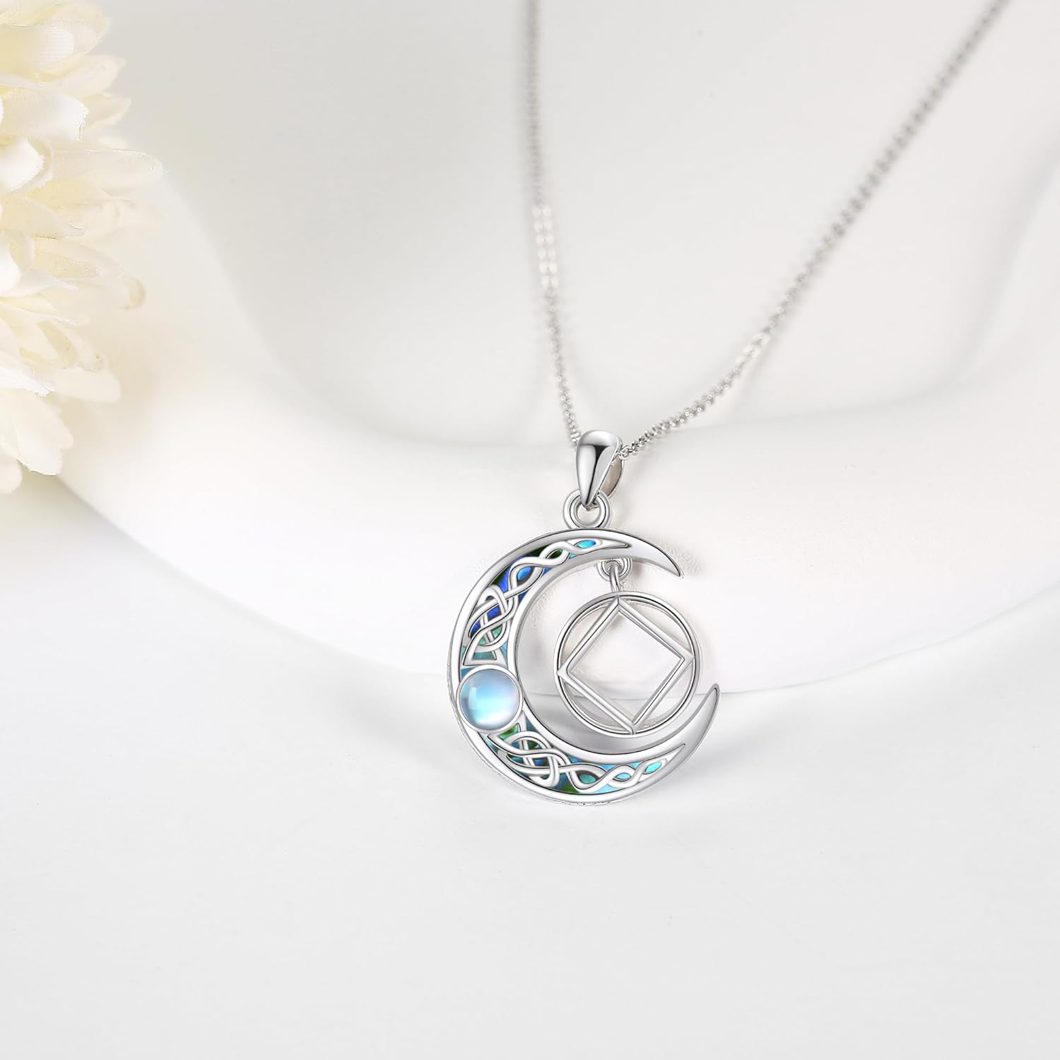 YAFEINI AA NA Gift Necklace Sterling Silver Alcoholics Anonymous Recovery Symbol Necklace Crescent Crystal AA Sobriety Jewelry for Women Men - Image 3