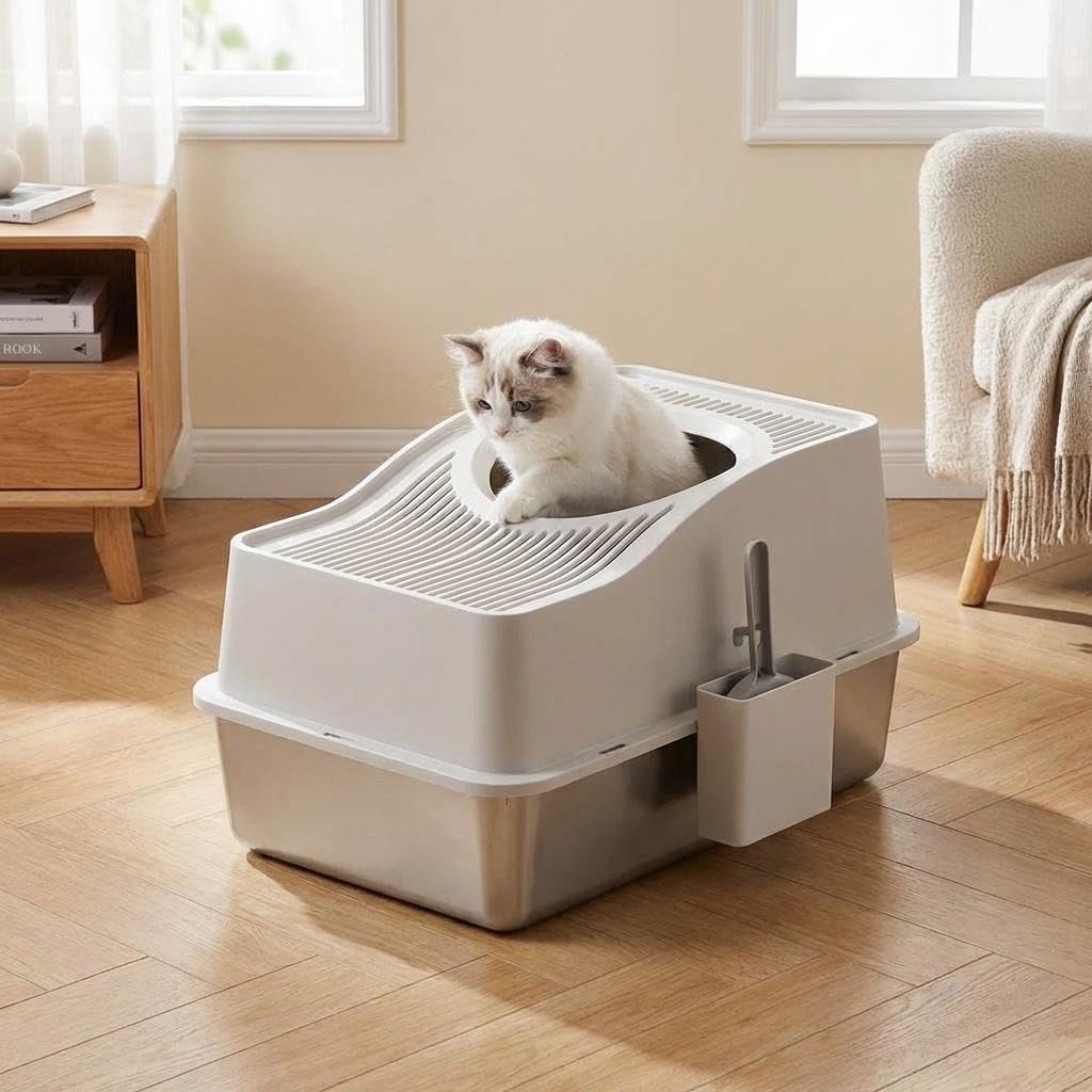 GarveeMore Stainless Steel Cat Litter Tray with Lid, Large Top Entry Enclosed Cat Toilet, High Sided Odour Control & Anti Tracking Cat Litter Box with Scoop & Mat (White, 20cm Base)