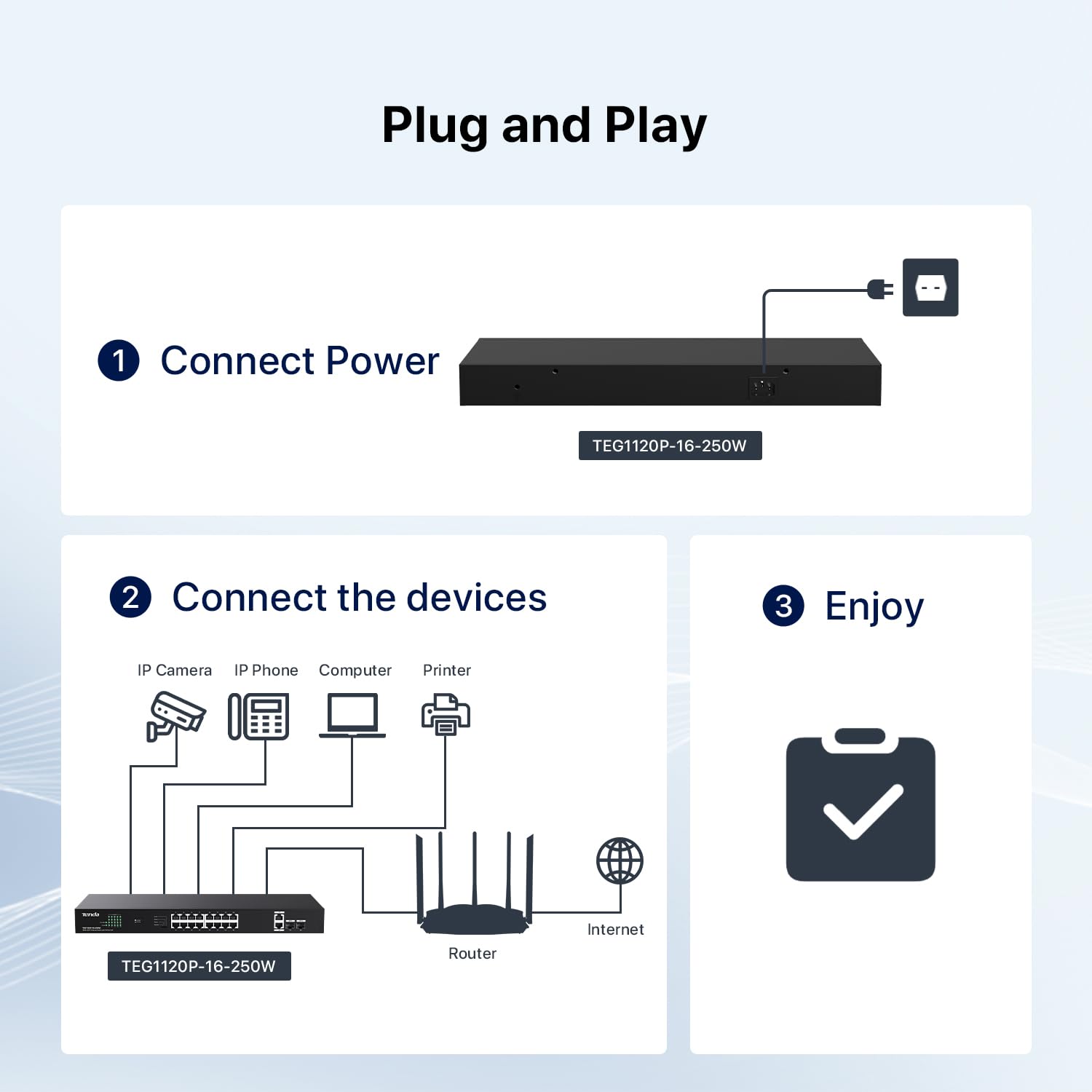 Tenda TEG1120P-16-250W, Switch PoE Gigabit a 16 porte compatibile con dispositivi IEEE 802.3af/at, switch PoE+ non gestito montabile su rack, con 16 porte PoE+@230W e 2 porte RJ45 e 2 slot SFP