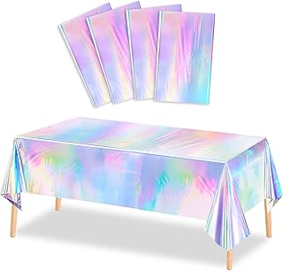 4 Pack Iridescence Plastic Tablecloths Shiny Disposable Laser Table Covers 54" x 108" Sequin Holographic Foil Tablecloths for Birthday, Wedding, Party, Picnic, Buffet, Christmas Decorations