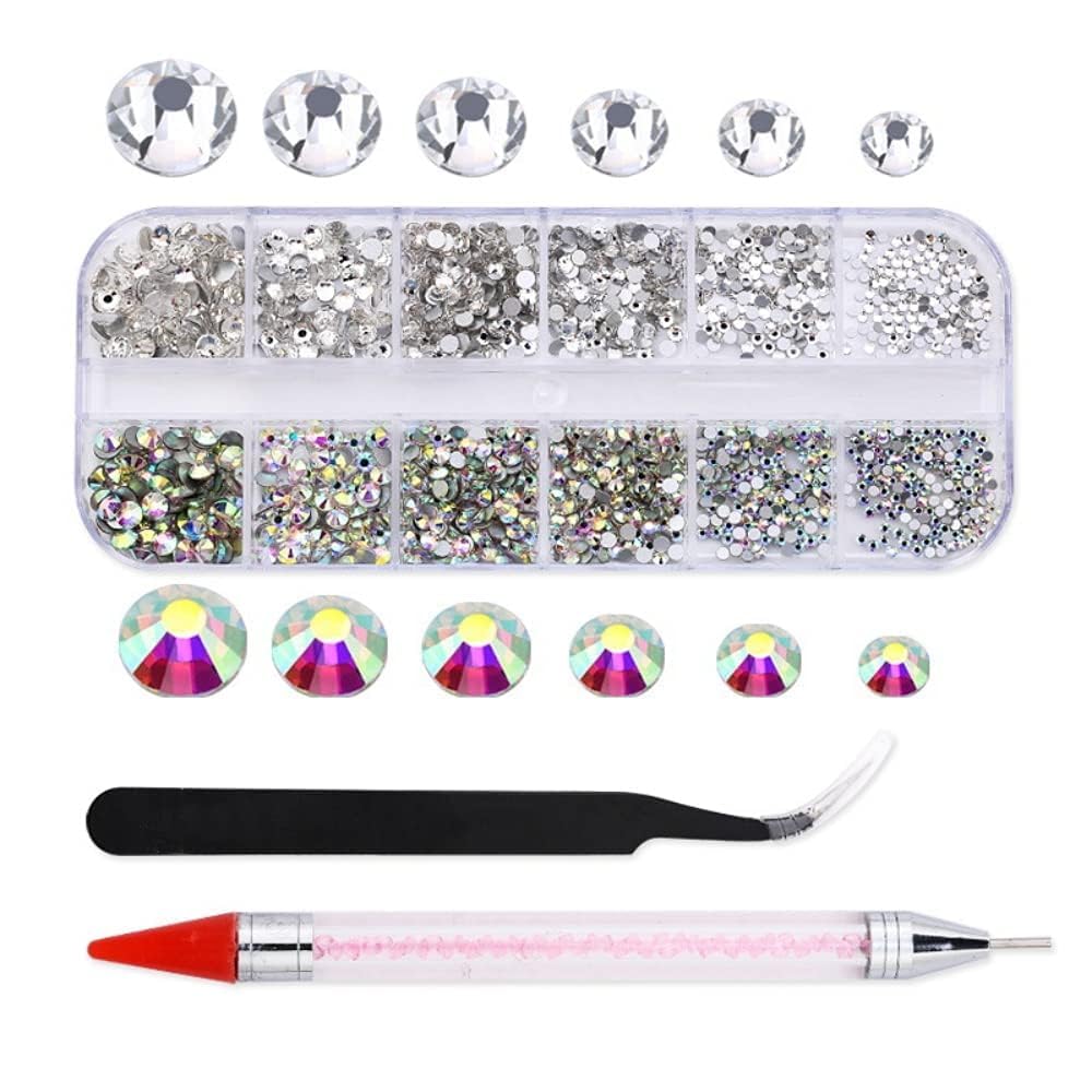 Bolt Bee Nail Art Rhinestones Kit with Clear & AB Crystals | 1500 PCS Flat Back Gems in 6 Sizes | Includes Picker Pen & Tweezers for Nail Art, Body Art, Makeup & DIY Crafts