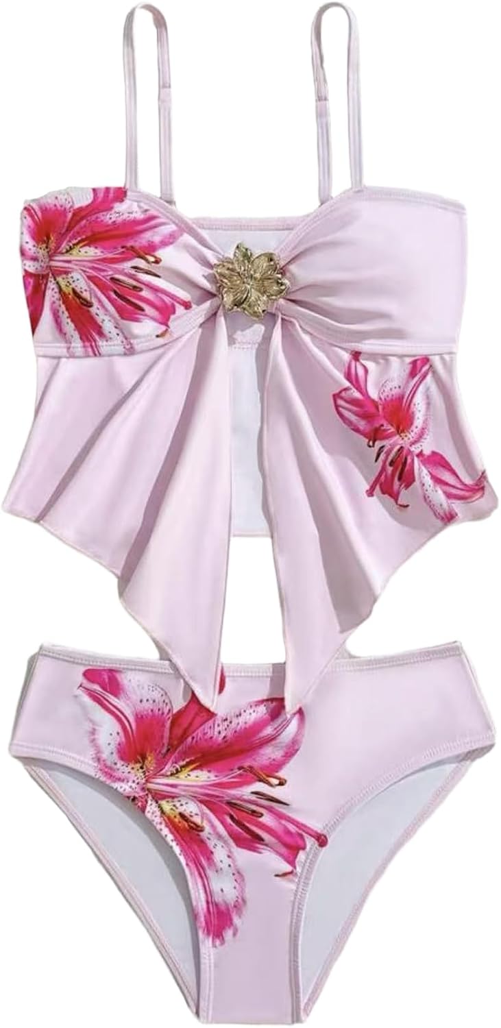 Girl's Floral Print 2 Piece Bikini Sets 3D Flower Camisole Tops Sleeveless Ruffled Bathing Suit Swimsuits