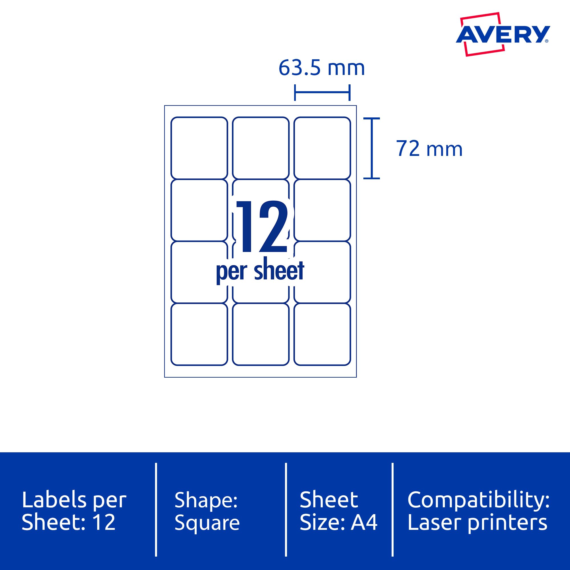 Avery Etichette A4 per stampanti laser, etichette stampabili per imballaggi, spedizioni e indirizzi, colore bianco, 63,5 x 72 mm, 1200 etichette/100 fogli (959005/L7164)