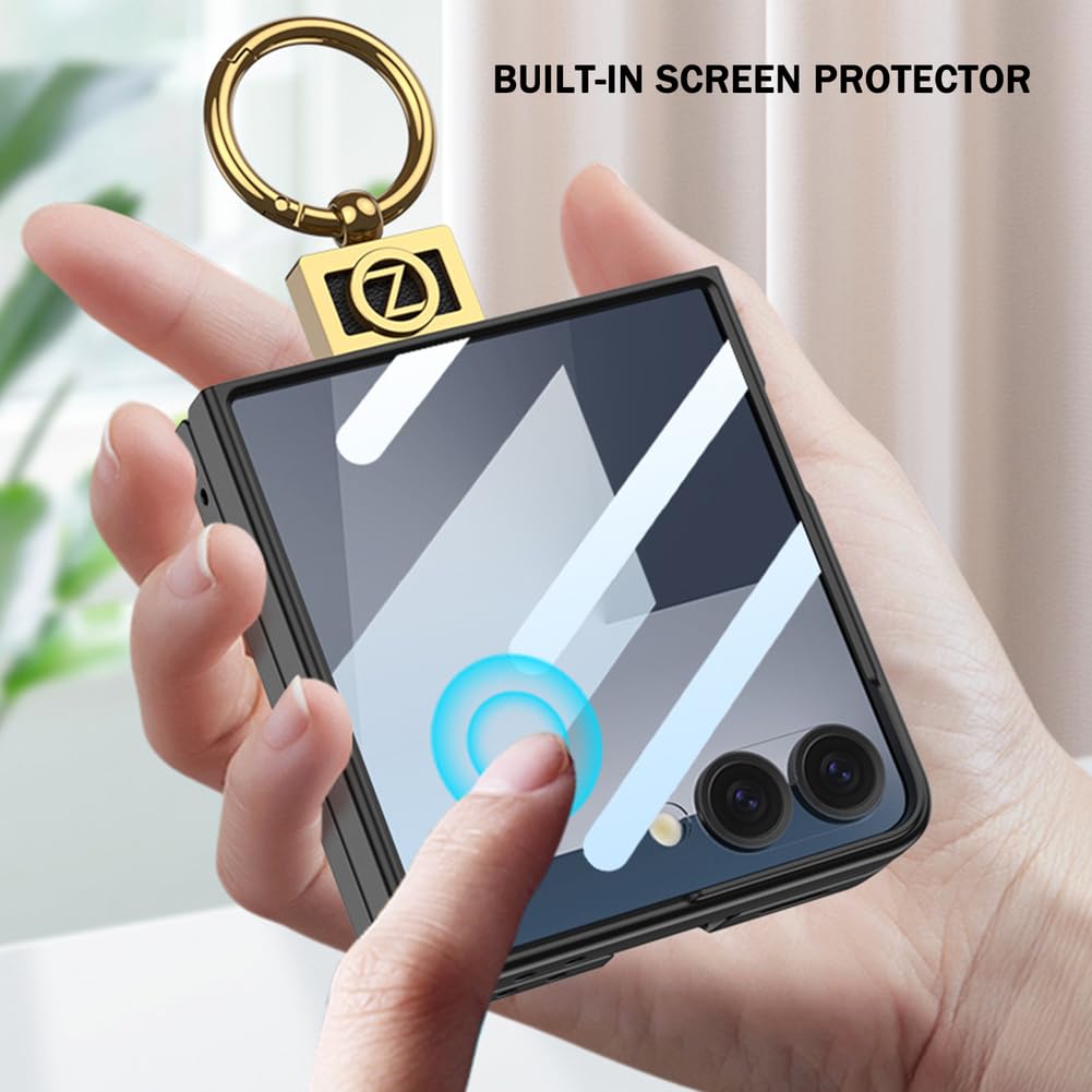 Zielony, Flip 7, skórzane etui do Samsung Galaxy Z Flip 7, wbudowana osłona ekranu, wąskie, odporne na wstrząsy etui z pierścieniem na palec