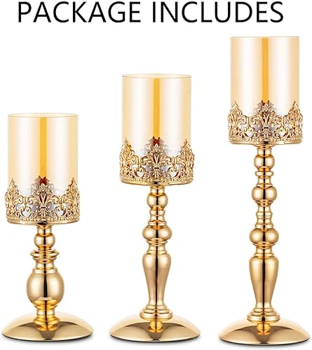 Miniatura 7 de Nuptio Portavelas de pilar con vidrio, juego de 3 portavelas dorados de huracán, decoración moderna del hogar, regalos para boda, aniversario,