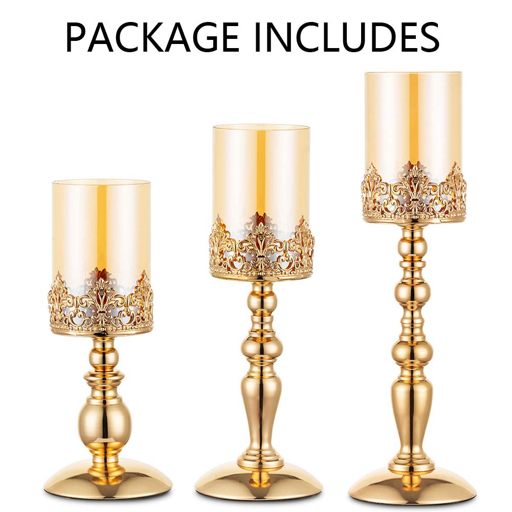 Nuptio Portacandele A Colonna con Vetro, Set di 3 Portacandele in Uragano Oro Regali per Decorazione della Casa, Portacandele A Lume di Candela Centrotavola Anniversario Matrimonio