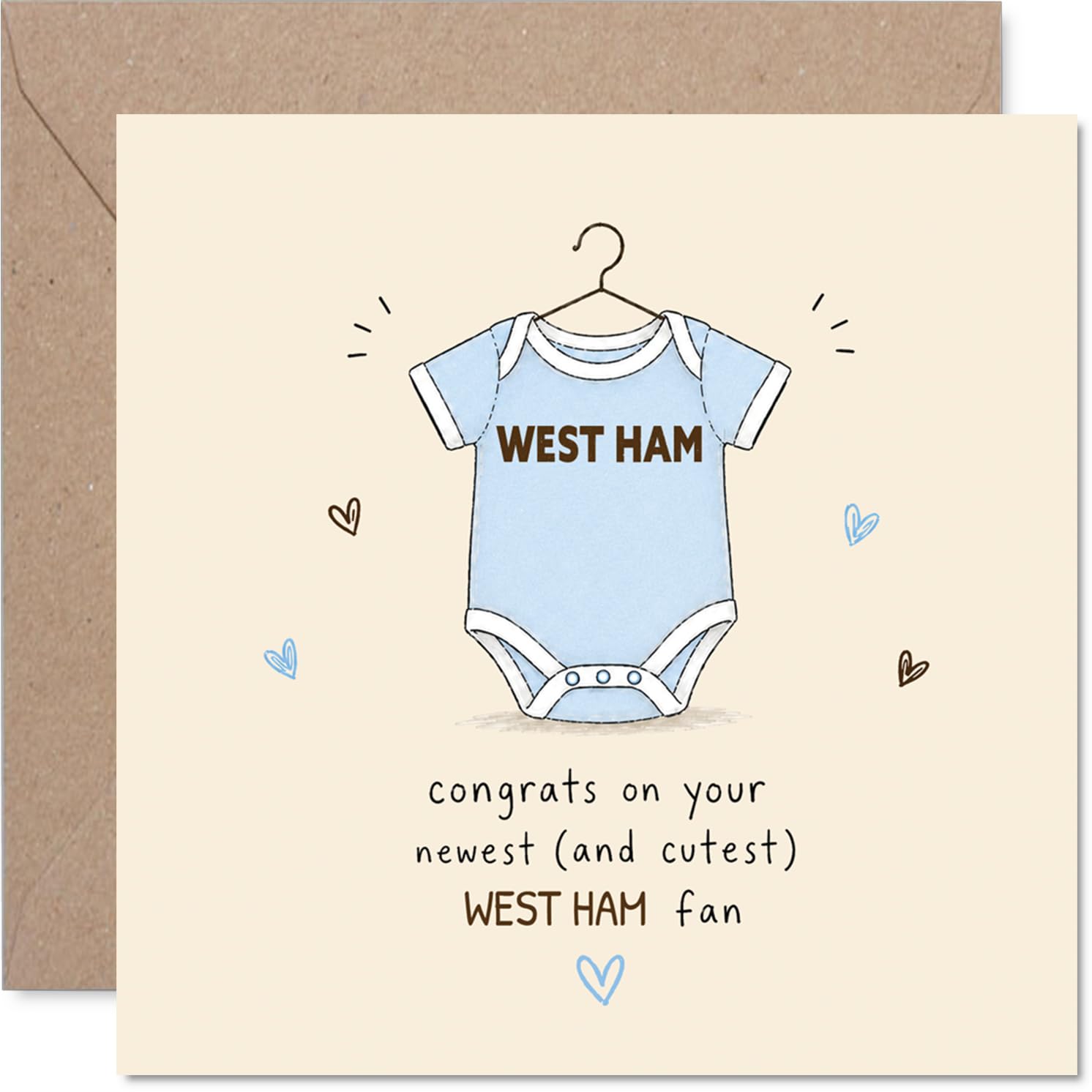 Playful New Baby Card for West Ham Fans - Welcome to the Team - Illustrated Baby Onesie with Football Hearts - 145mm Square, Envelope Included