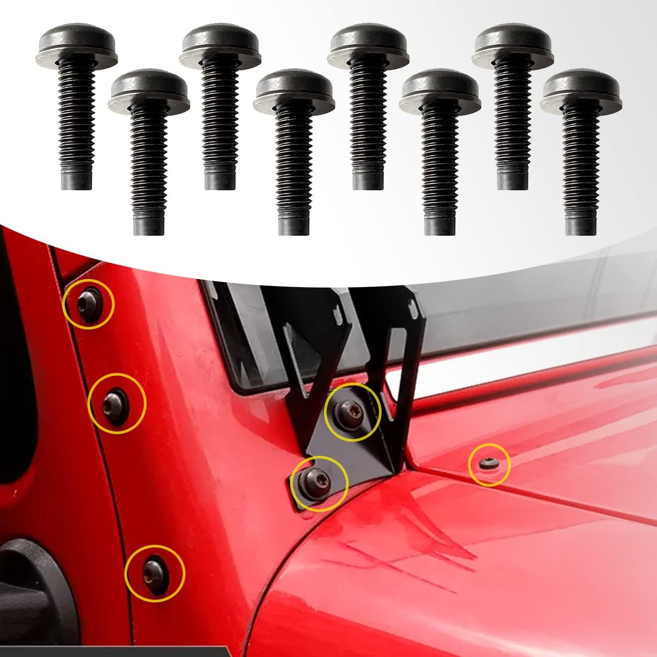 Schraubenbolzen für Jeep Wrangler JK 2007-2018, extra lange M8-Schrauben für Jeep-Windschutzscheibenrahmen, Hardtop, Überrollbügel, Scheinwerfer, Türscharnierschrauben, 8er-Pack