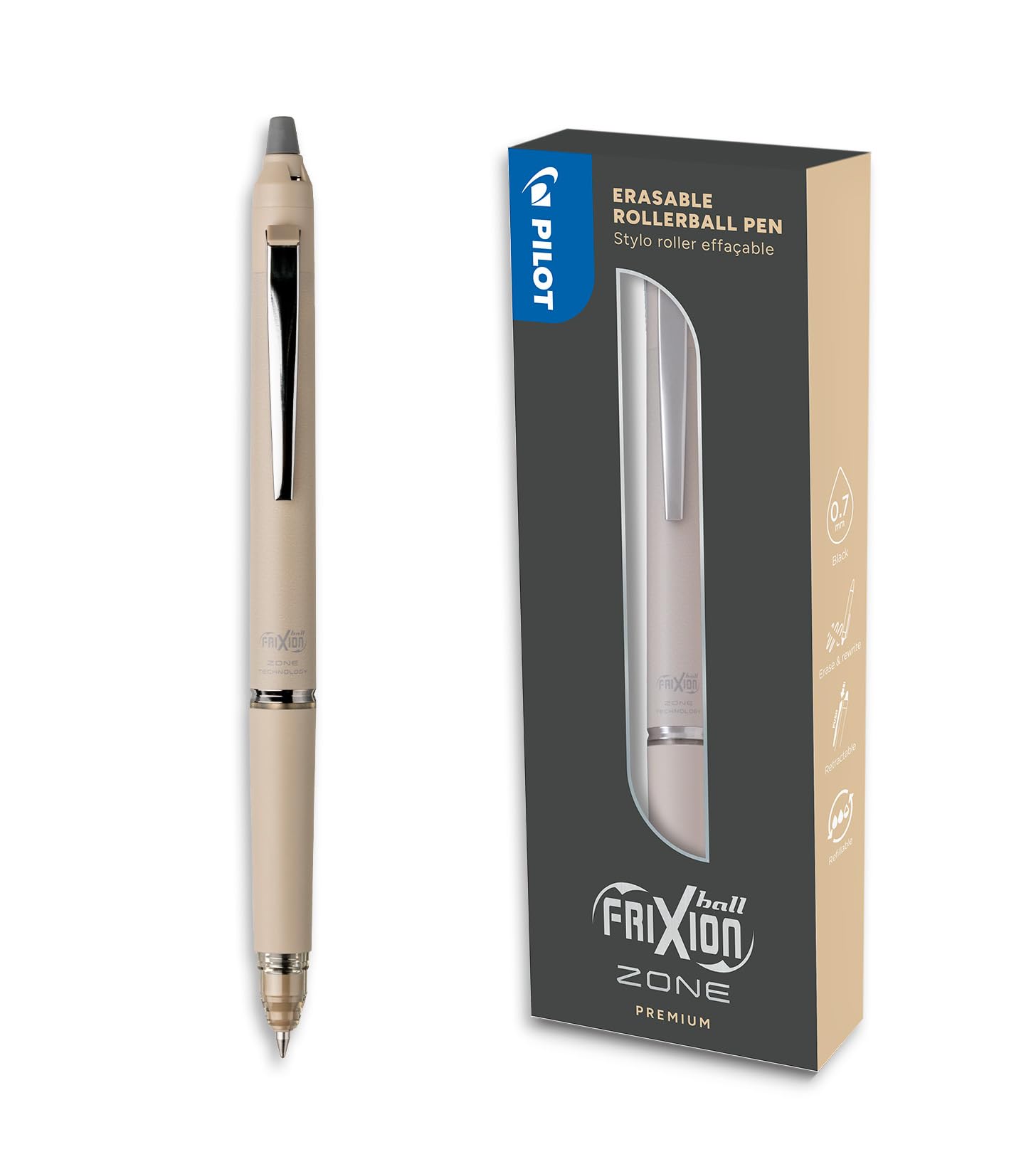 PILOT Frixion Ball Zone Beige en caja regalo - Bolígrafo retráctil borrable de primera calidad con tinta borrable - Bolígrafo rollerball recargable y ergonómico - Tinta Negra - Punta Media