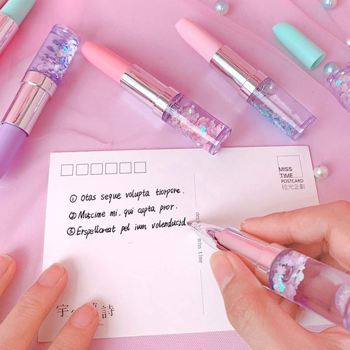 Funny live 4 Pcs Cute Sequins Drift Gel Ink Rollerball Pens Simulation Lipstick Ballpoint Pens, Funny Signature Pen Gift Pen, 0.7mm Black Ink