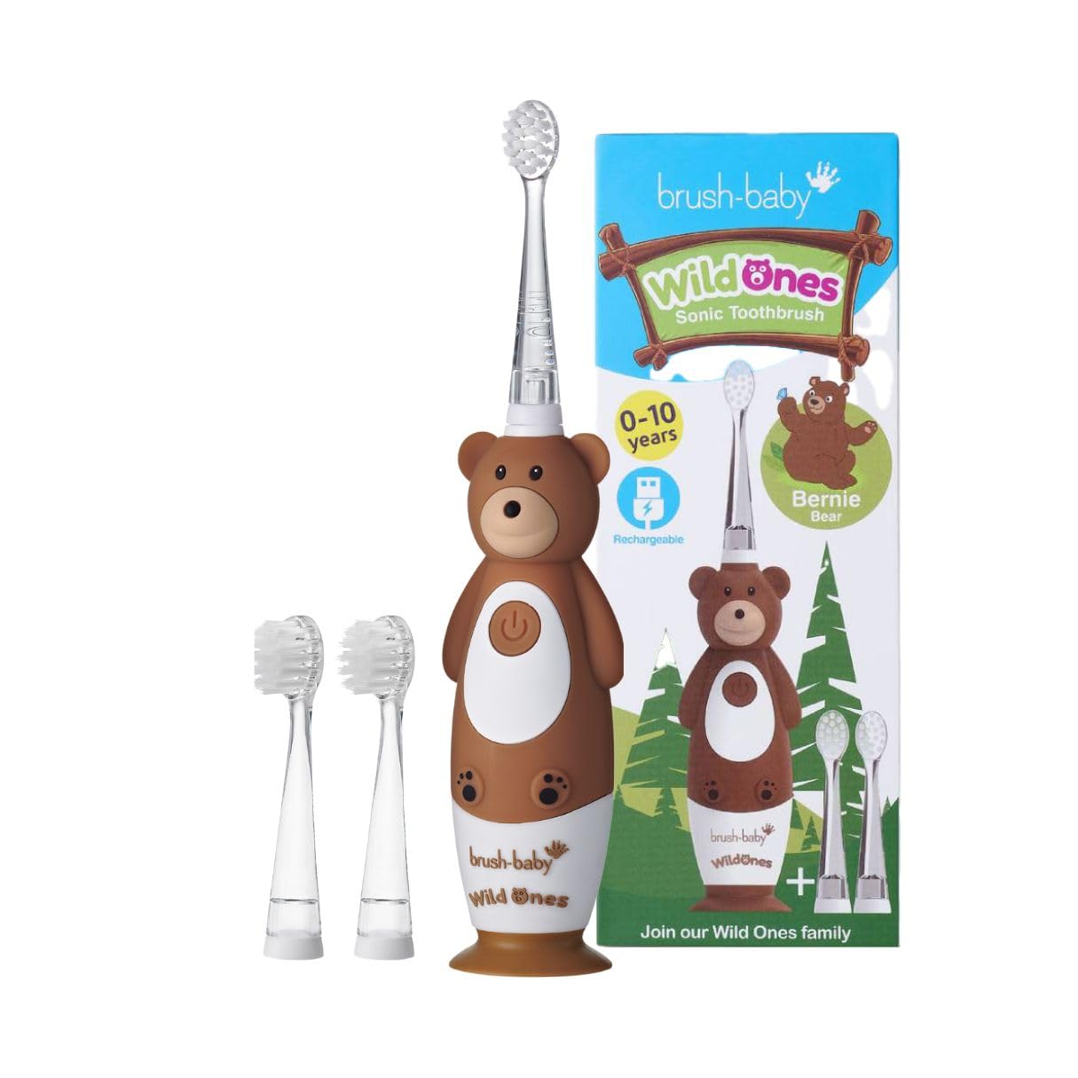 brush-babyWildOnes Kids Electric Rechargeable Toothbrush Bear, 1 Handle, 3 Brush Head, USB Charging Cable, for Ages 0-10 (Bear)