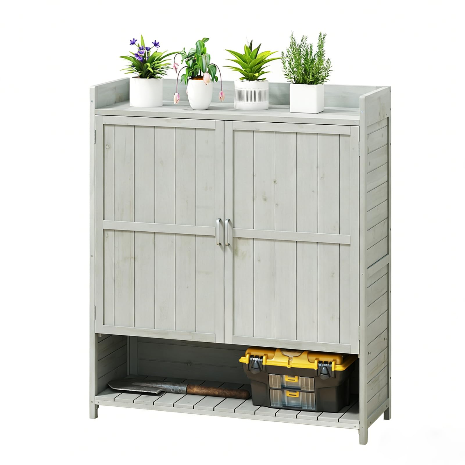 GiantexUK Wood Garden Shed, Outdoor Storage Cabinet with Double Doors &Removable Shelves, Potting Bench Tool Storage Shed for Patio Courtyard (Grey)