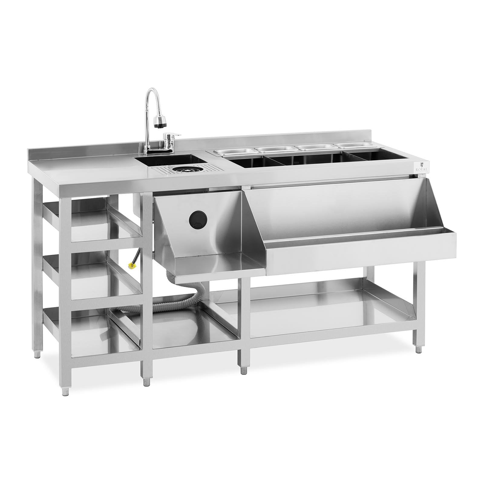 Royal Catering RCBT-02 - Stazione per Cocktail Con Contenitore per Ghiaccio 4 GN 1/9, Bicchieri e Portabottiglie - in Acciaio Inox per Bar