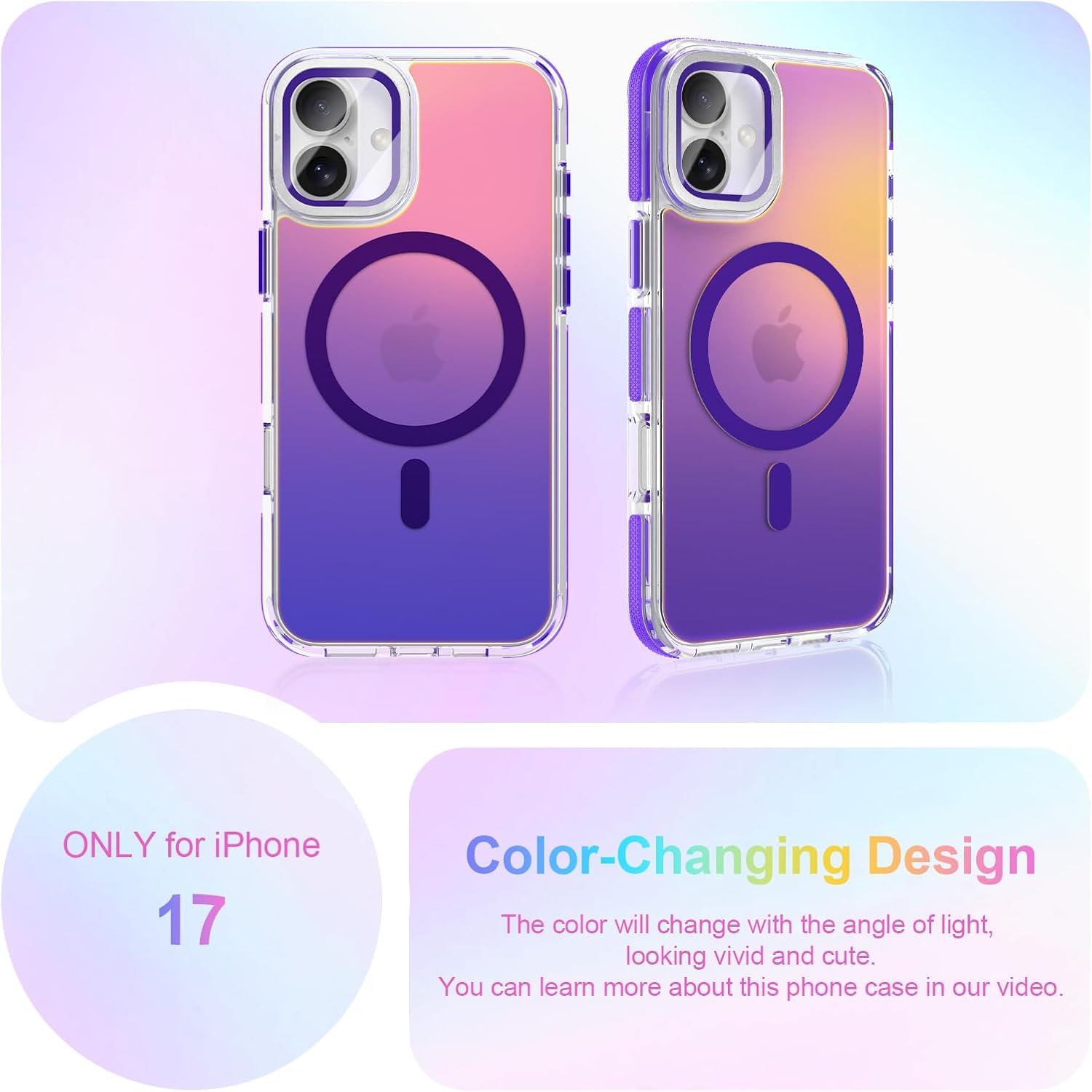 Cute Case for iPhone 17 Case with Camera Lens Protector Stand for Women Girls Men [Compatible with Magsafe] Aesthetic Glitter Sparkly Bling Magnetic Phone Cover, Iridescent Purple
