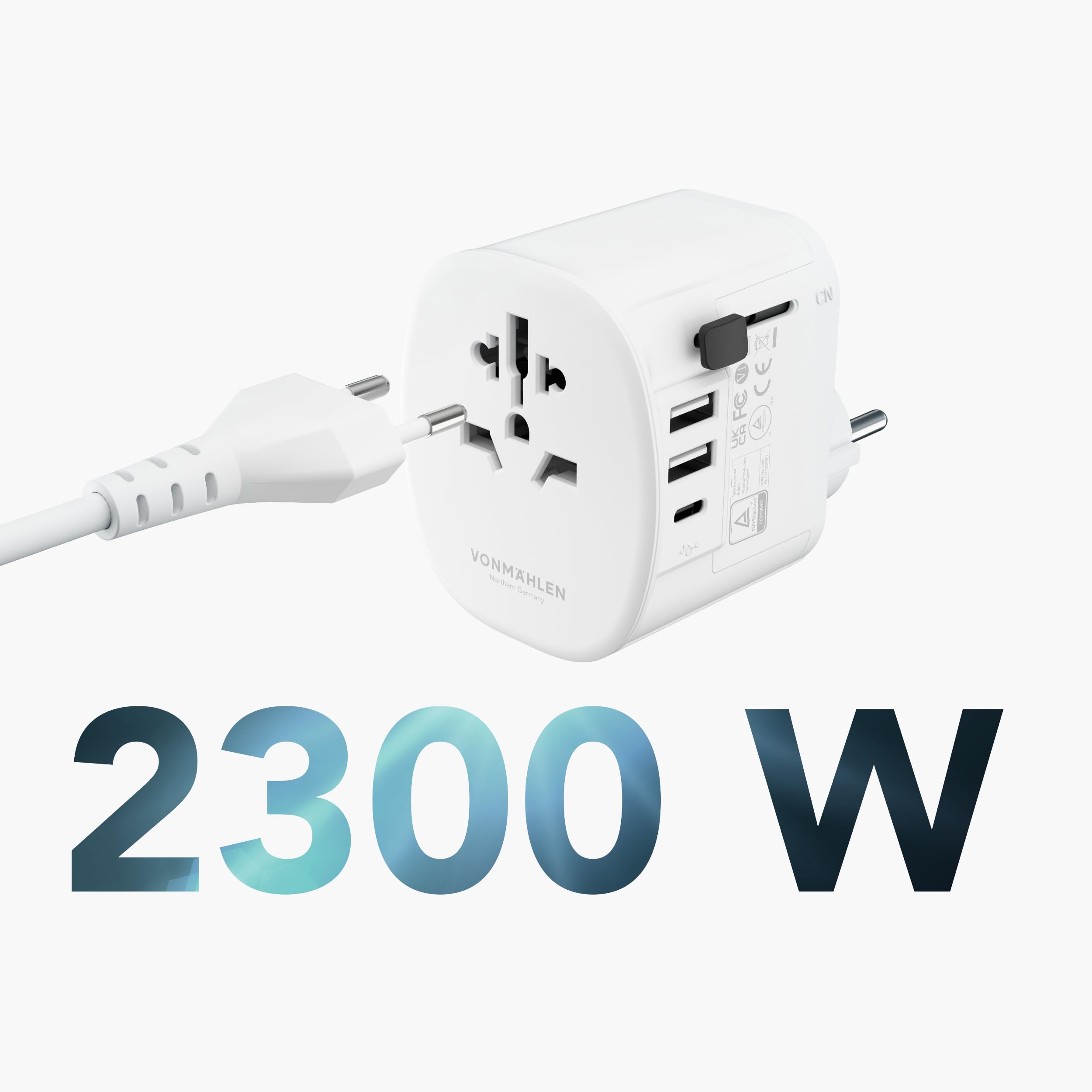 Vonmählen Unity One – Weltreise-Adapter mit USB-A & USB-C, 2300W Leistung, kompakt & ausziehbar, kompatibel in 150+ Ländern – Ladegerät für Smartphone, Laptop, Kamera & mehr