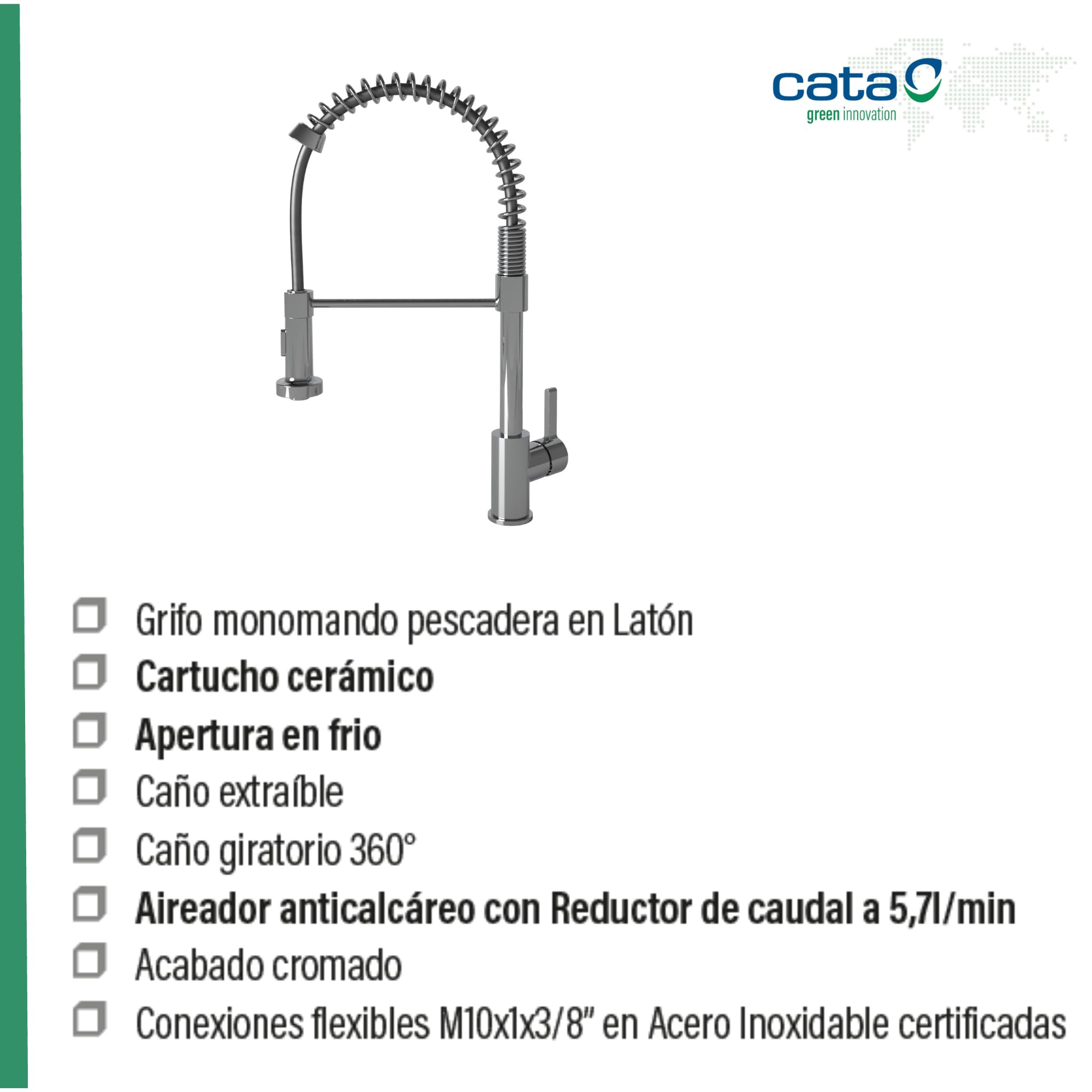Cata Grifo CPB Monomando Pescadera CAño Alto Extraible Giratorio 360 Apertura en Frío Aireador Anticalcáreo con Reductor de caudal a 5,7l/min Latón Acabado Cromado