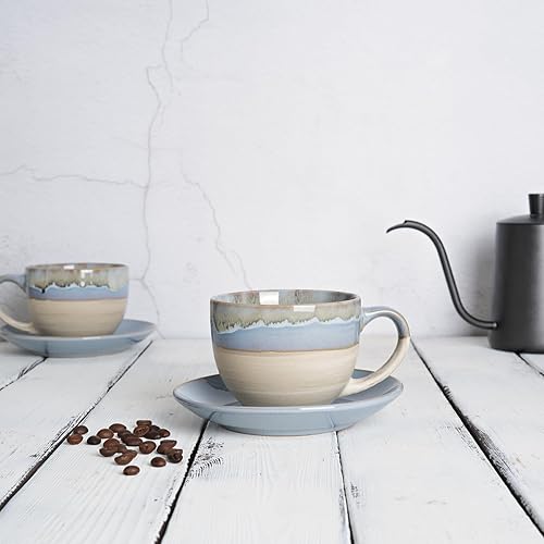 Miniatura 4 de Bosmarlin Juego de 2 tazas y platillo de cerámica para capuchino, 10 onzas, tazas de café para café con leche, expreso, té, lavavajillas y