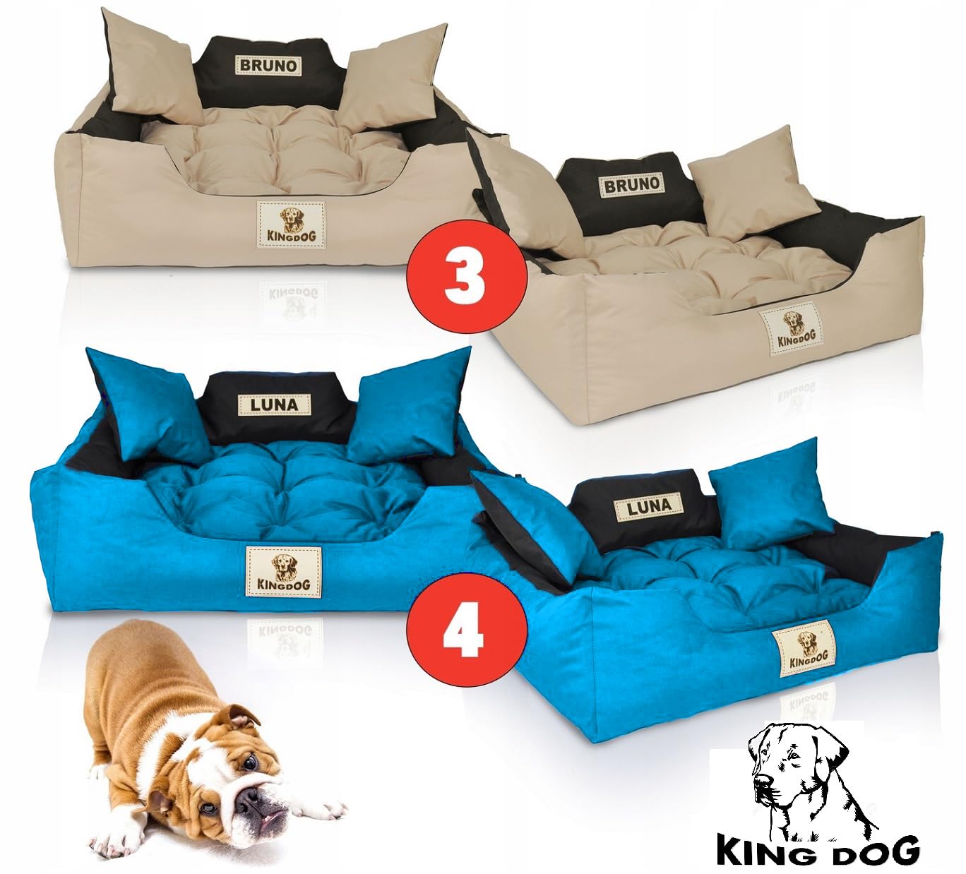 KING DOG Cama para perros 130 x 105 cm personalizada impermeable azul con cojín