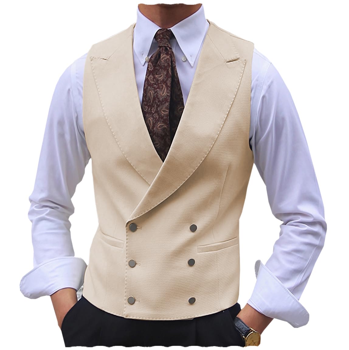Tuikayoo Men's Suit Vest Business Formal Double Breasted Dress Waistcoat Tuxedo Vest for Wedding Prom（Beige，L）