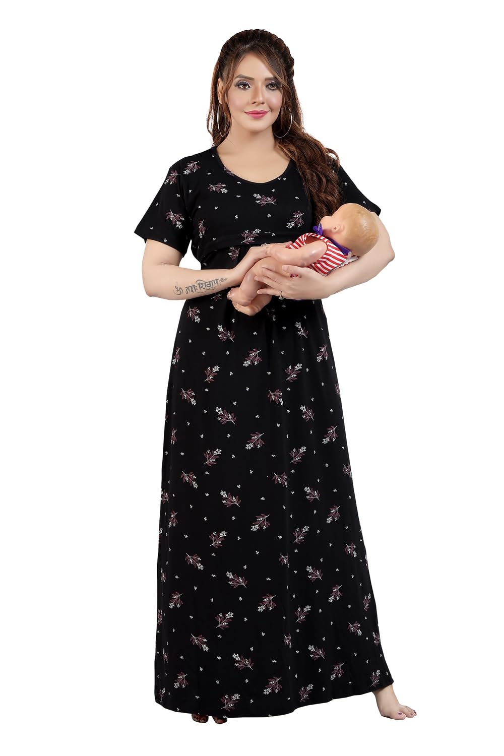 Women's Above Full Length Printed Pre and Post Pregnancy Pure Cotton Nursing Nightdress Nighty-image-40