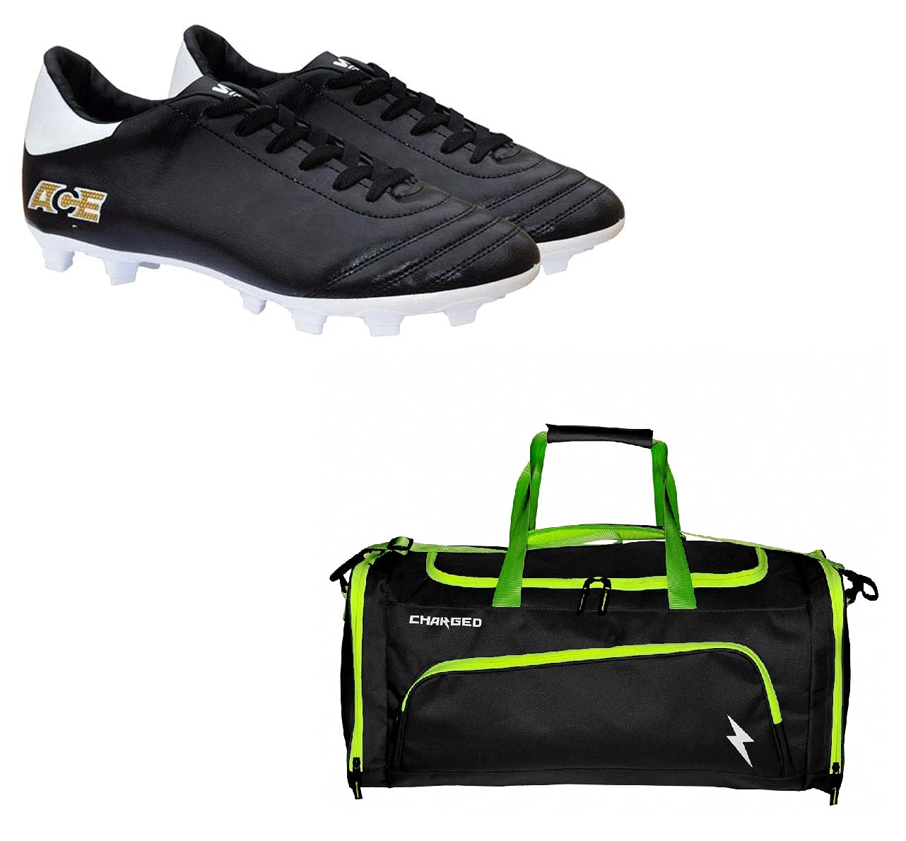 Charged Sports Bag Superlight Black Lime with Gowin Football Shoe Ace Black White Size-7