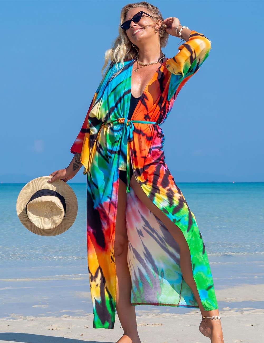 Damskie kimono, kardigan, letnia sukienka plażowa, długie ponczo plażowe, maxi pareo, nadruk kwiatowy, Kolor 24, jeden rozmiar