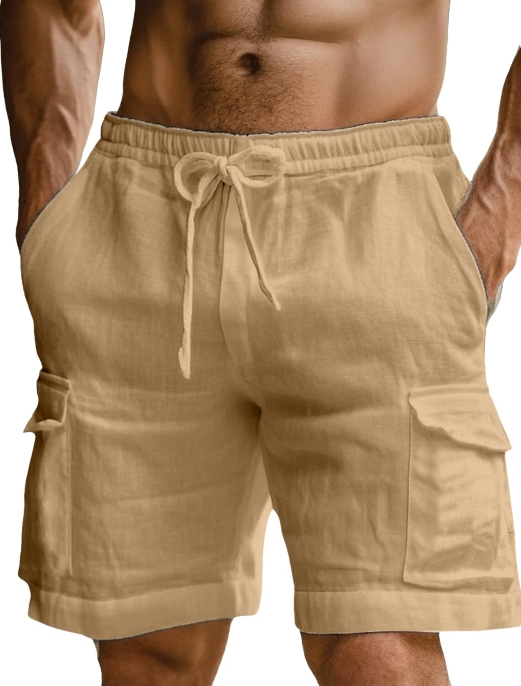 Men's Cargo Linen Shorts Beach Shorts Drawstring Elastic Multi Pocket Plain Comfort Breathable Knee Length Cotton Shorts